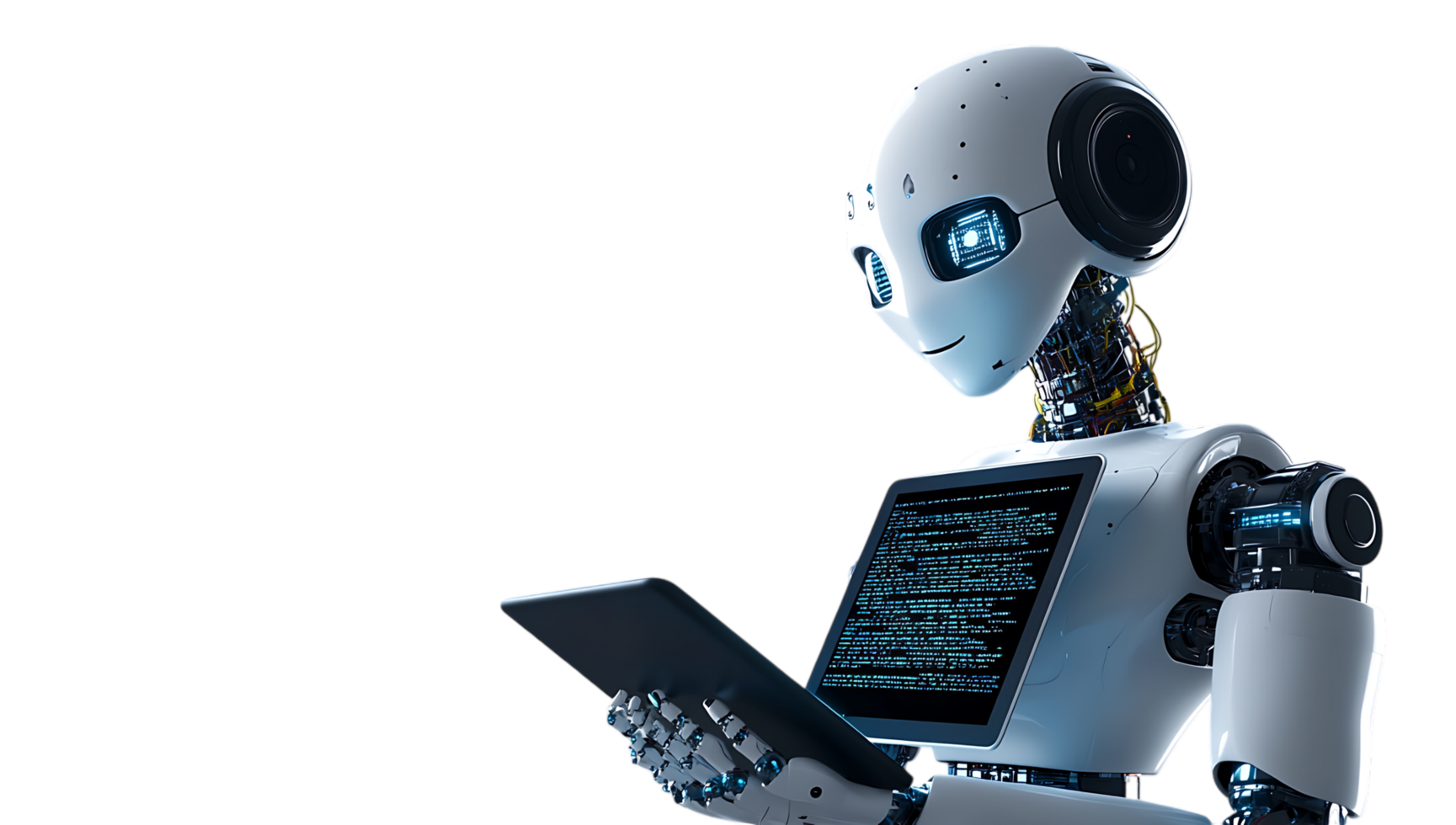 A robot holding a tablet computer in front of a black background png