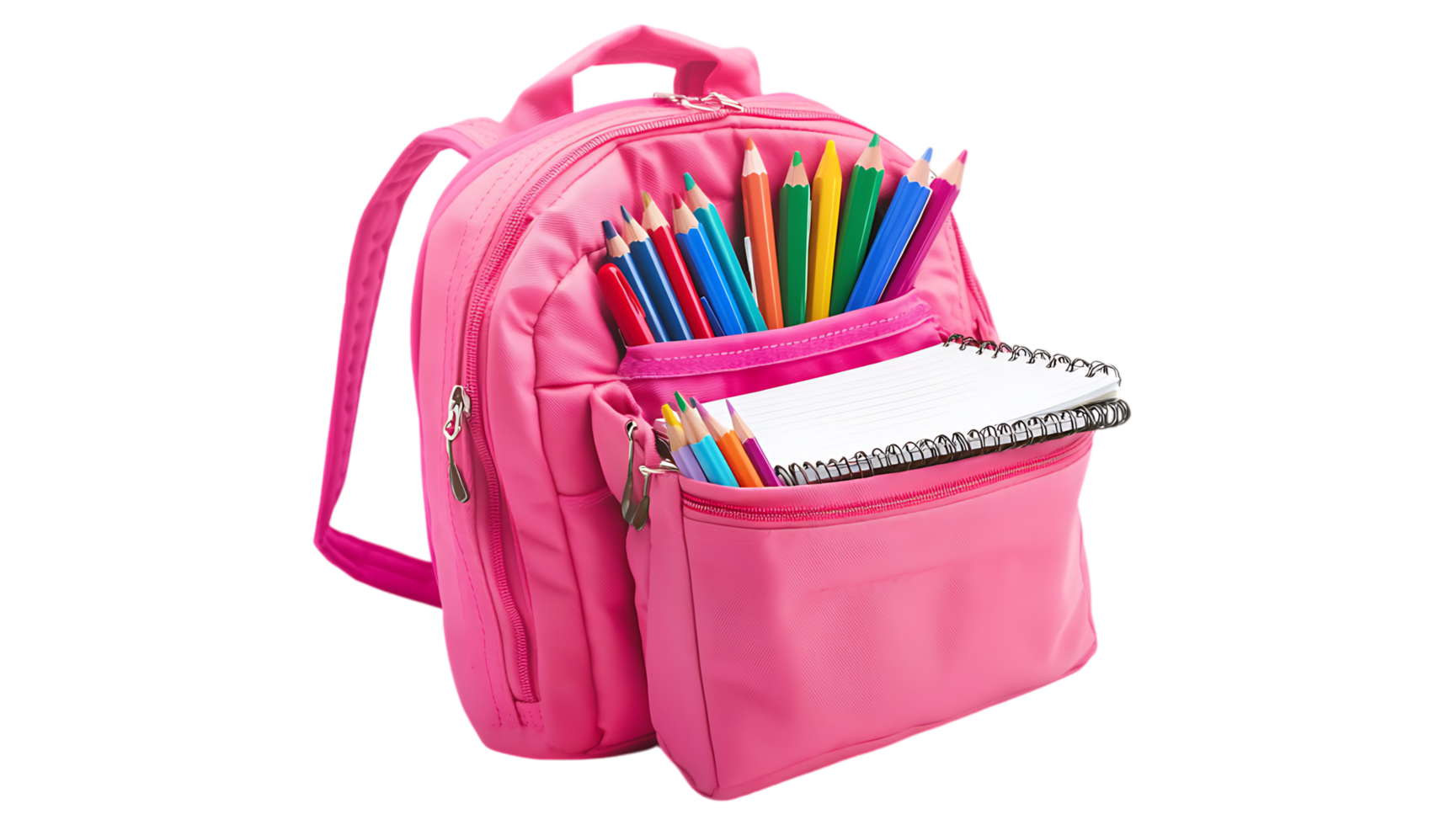 A pink backpack with a notebook and pencils png