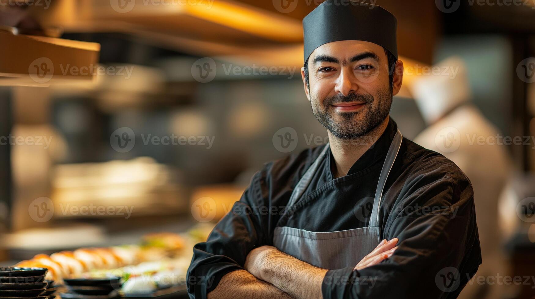 A man in a chef hat is standing in front of a restaurant photo