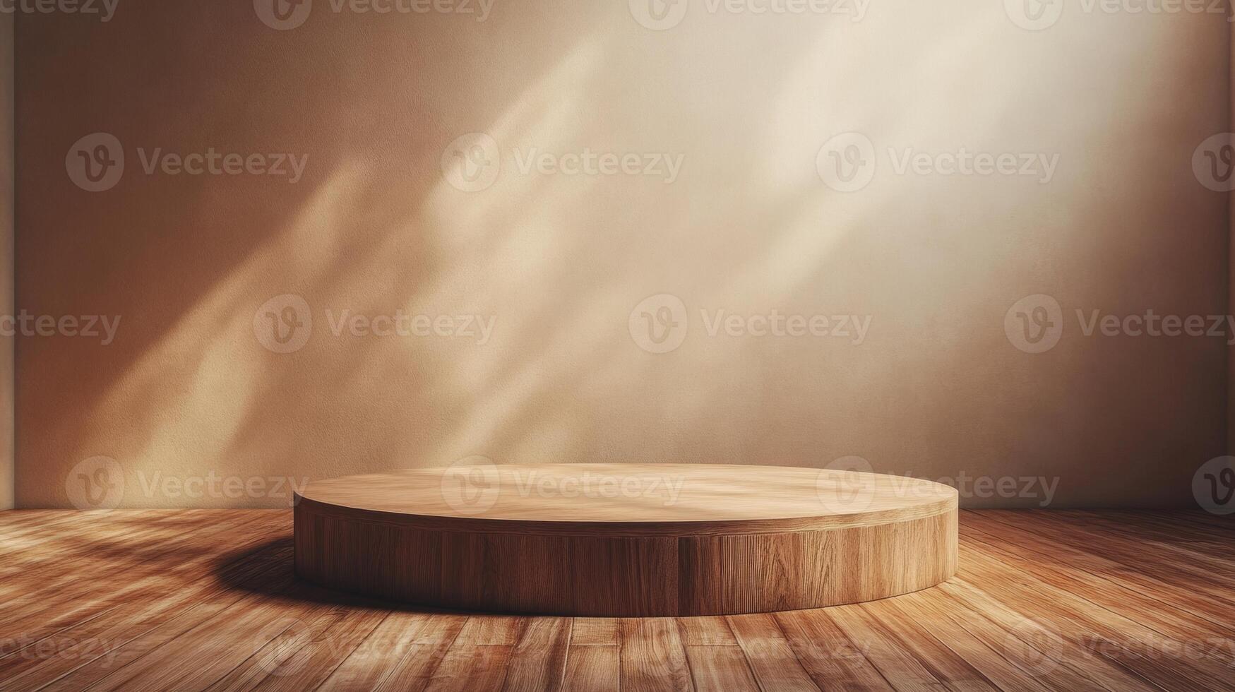 An empty room with a wooden floor and a round table photo
