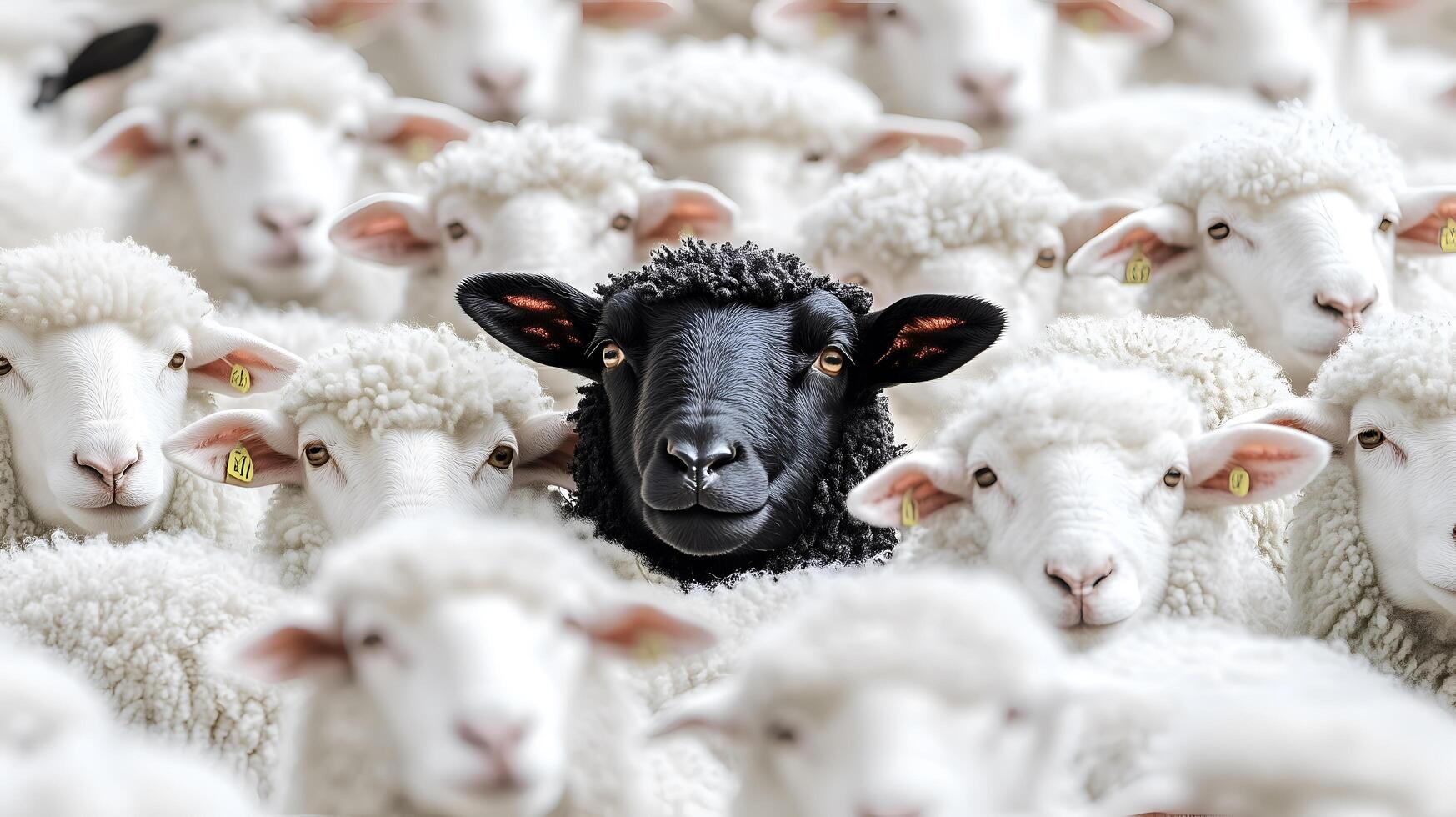 A single black sheep stands out prominently among a dense flock of white sheep photo