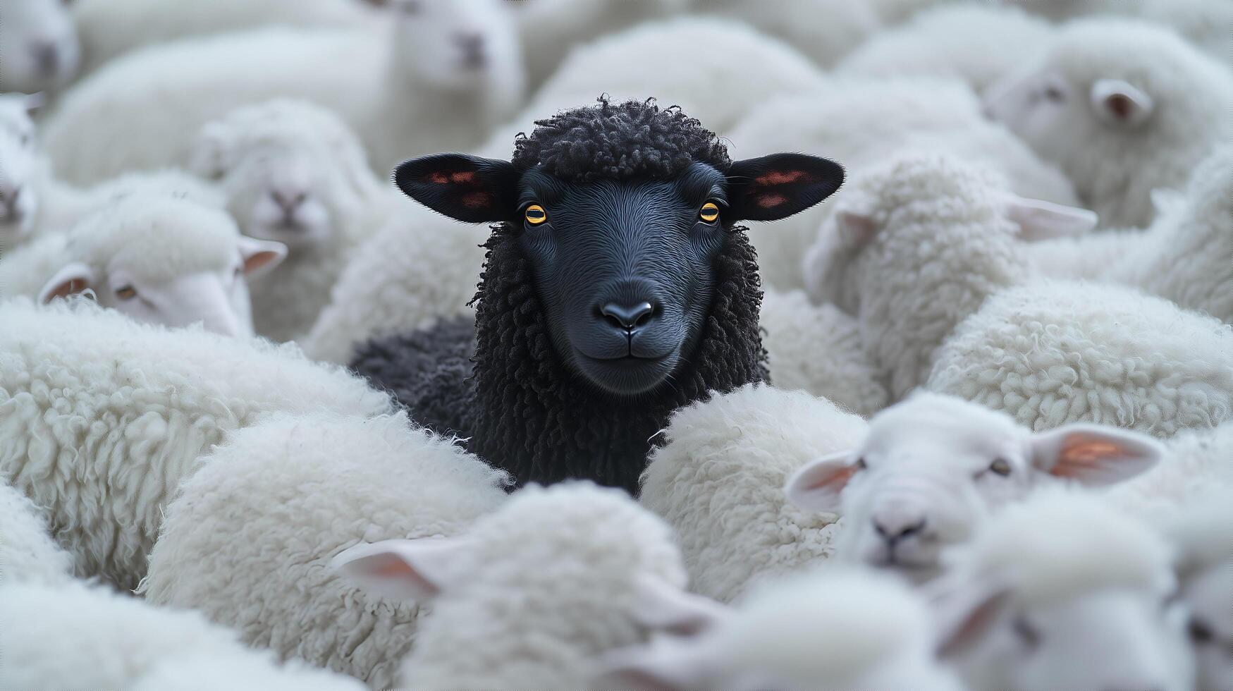 A black sheep stands out prominently among a dense flock of white sheep. photo