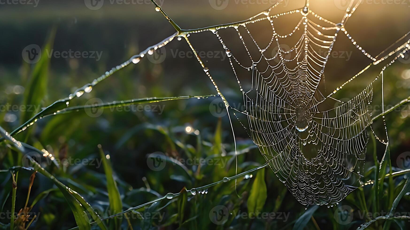 A Captivating View of a Spiders' Web Bejeweled with Morning Dew Under the Warm Sun, Exuding the Beauty of the Outdoors photo