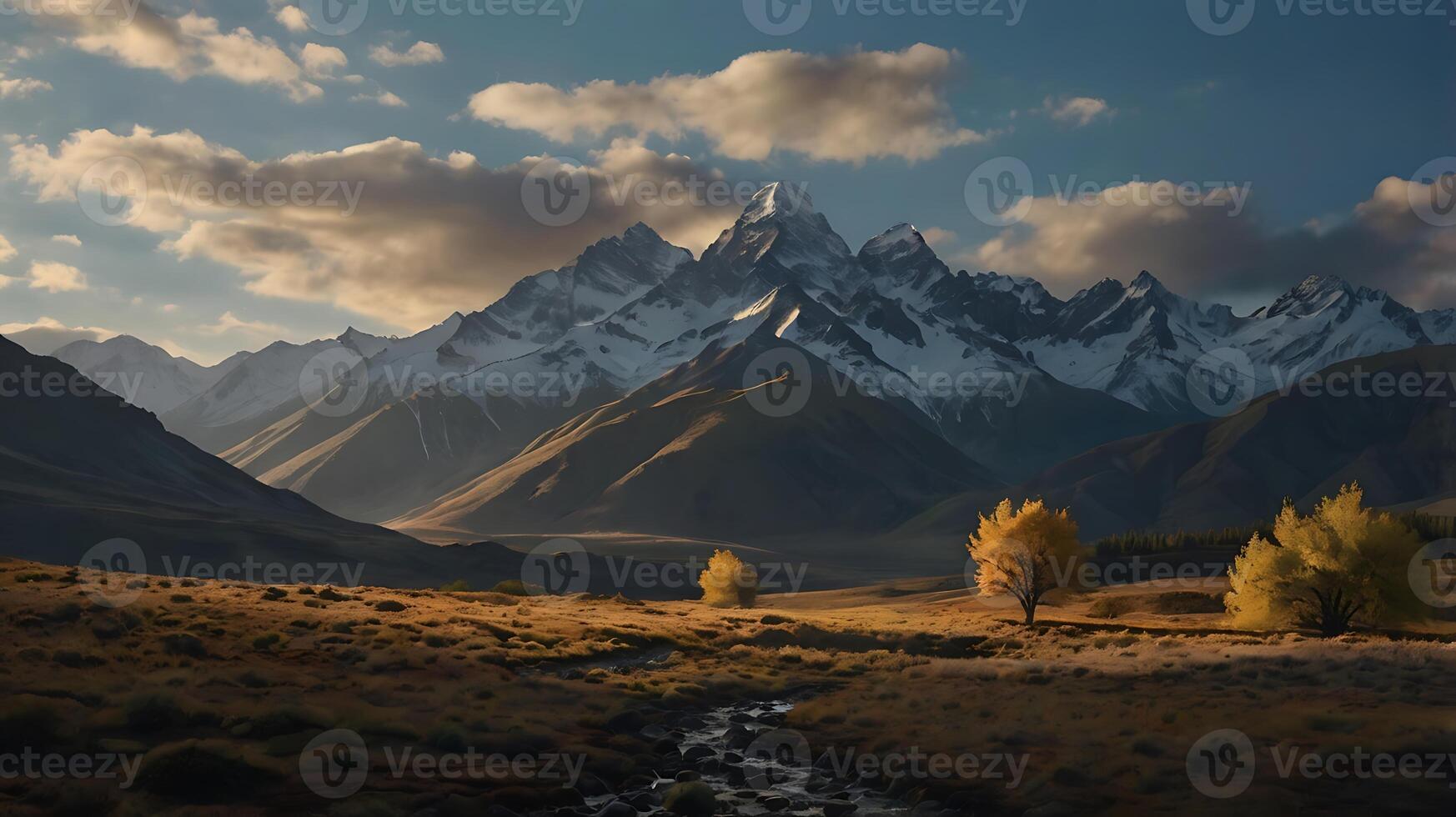 Stunning Mountain View Presents Green Valleys and Towering Peaks, Showcasing the Power of Nature and Its Untamed Beauty Under Clouds photo