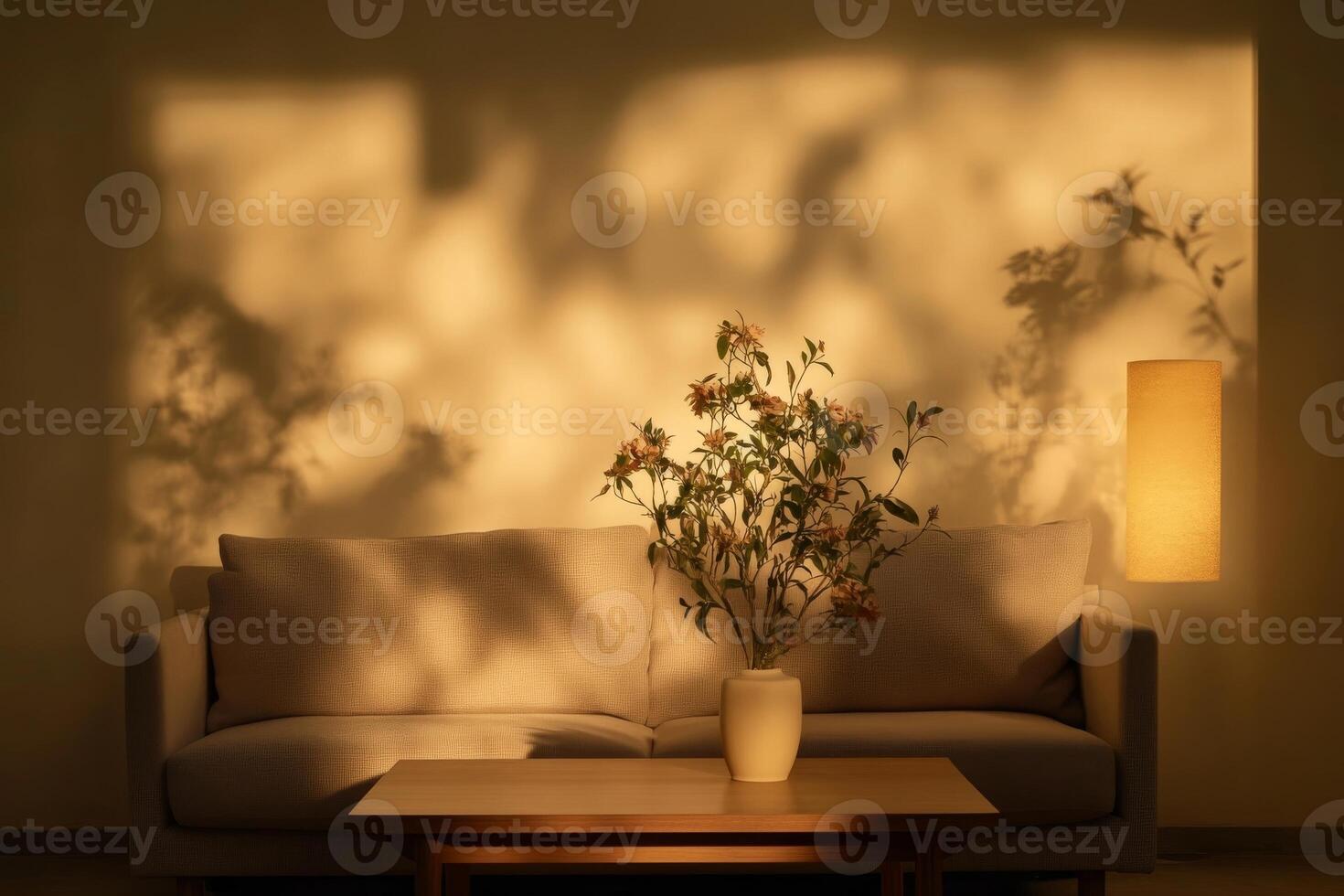 A sofa and a vase of flowers in front of a window photo