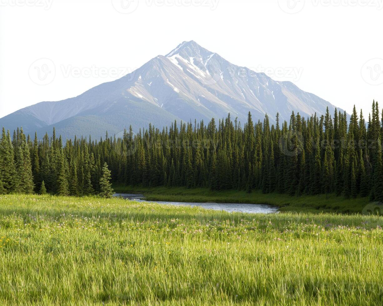 Expansive view of majestic mountains with snow capped peaks and lush greenery photo