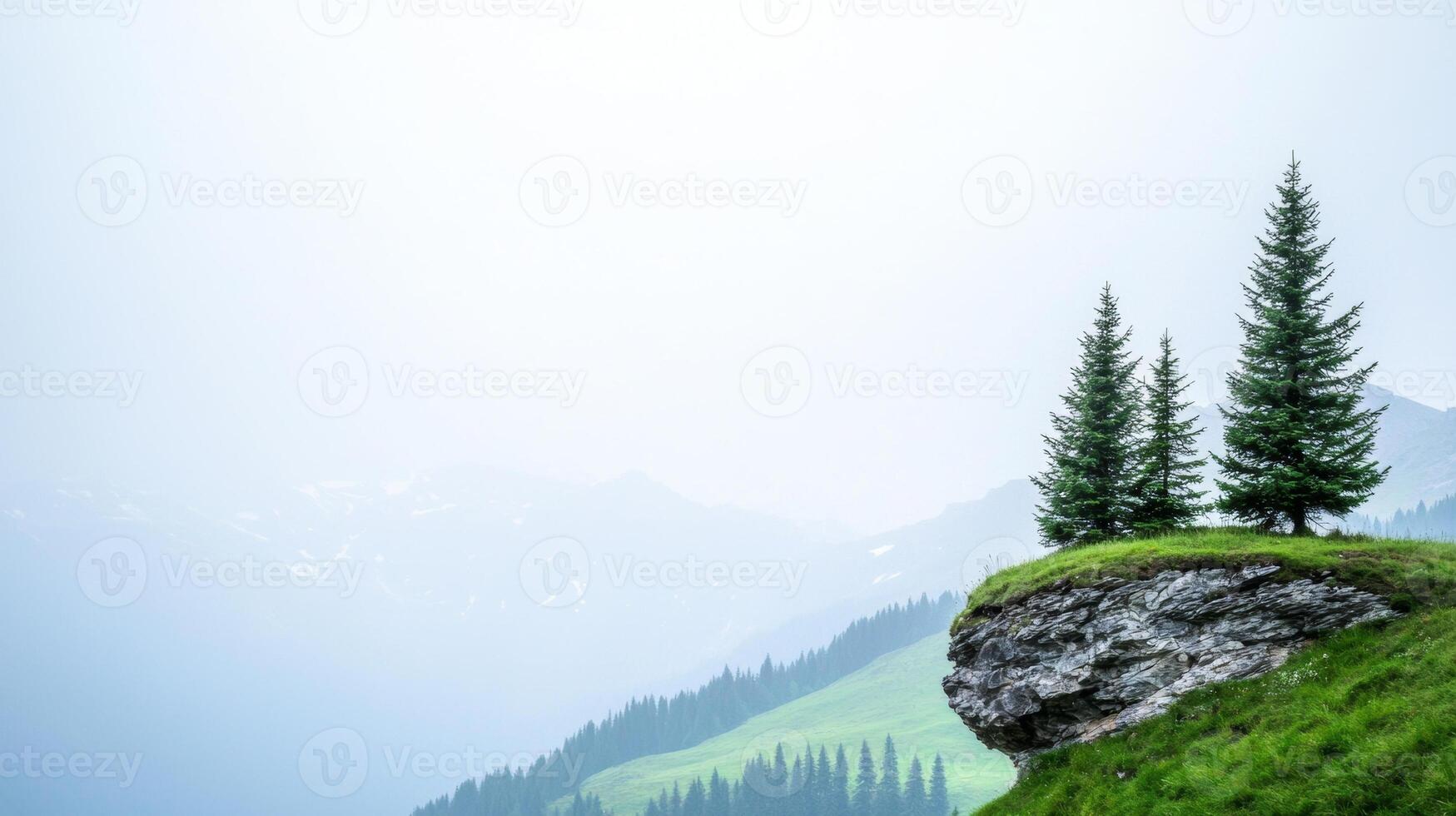 Majestic mountain landscape. Majestic mountain cliffs with lush green valleys and evergreen trees photo