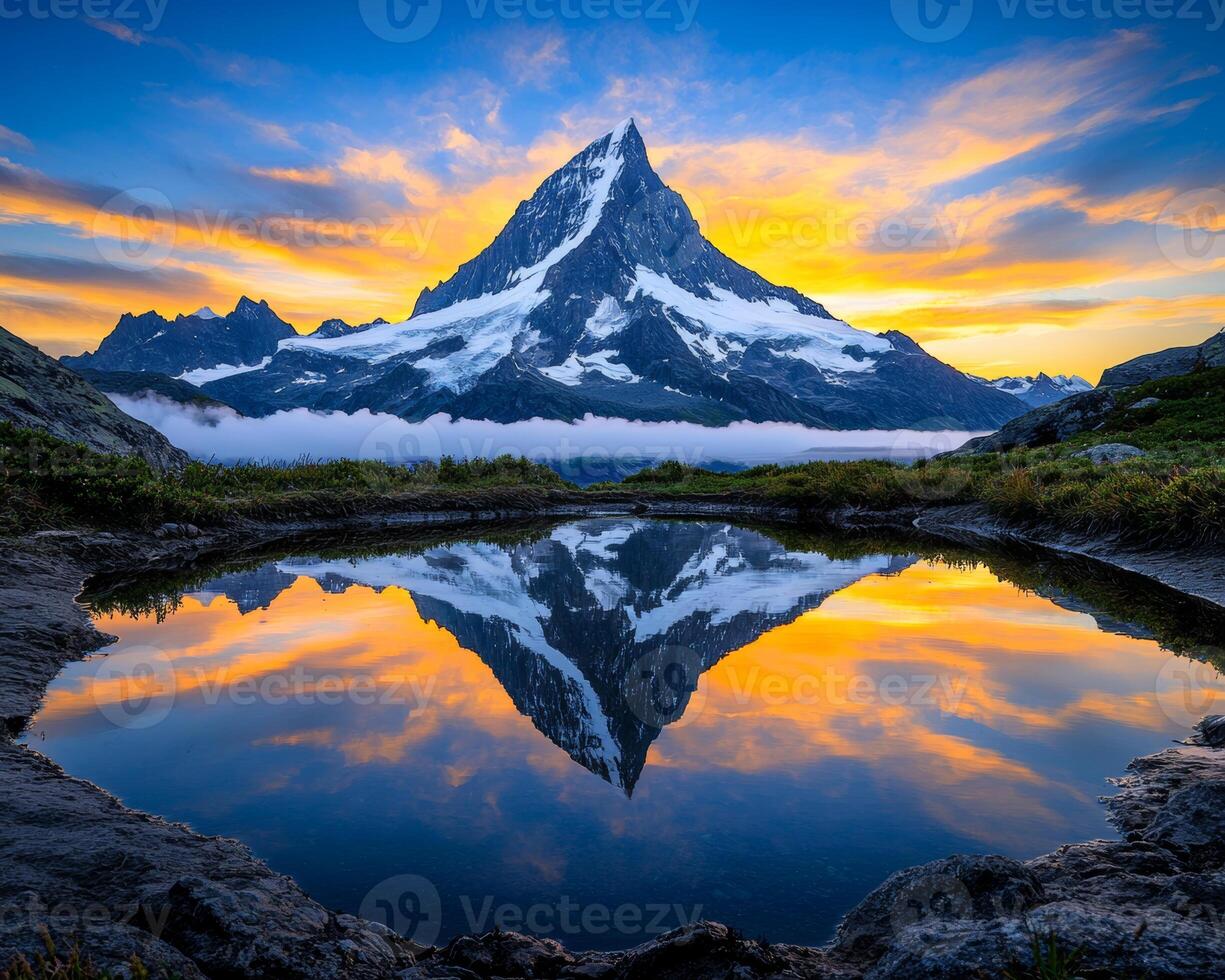 Majestic mountain landscape. Stunning panoramic view of snow capped mountain range reflecting in serene lake at sunset photo
