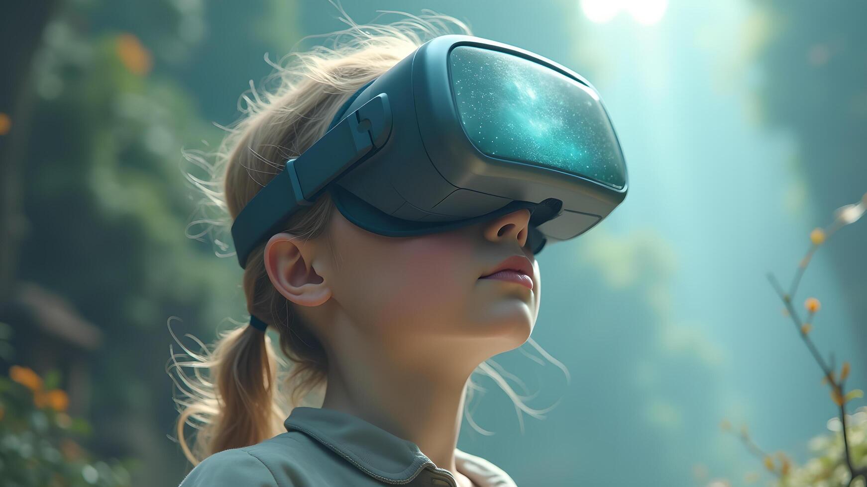 Girl wears VR headset in a forest looking up photo
