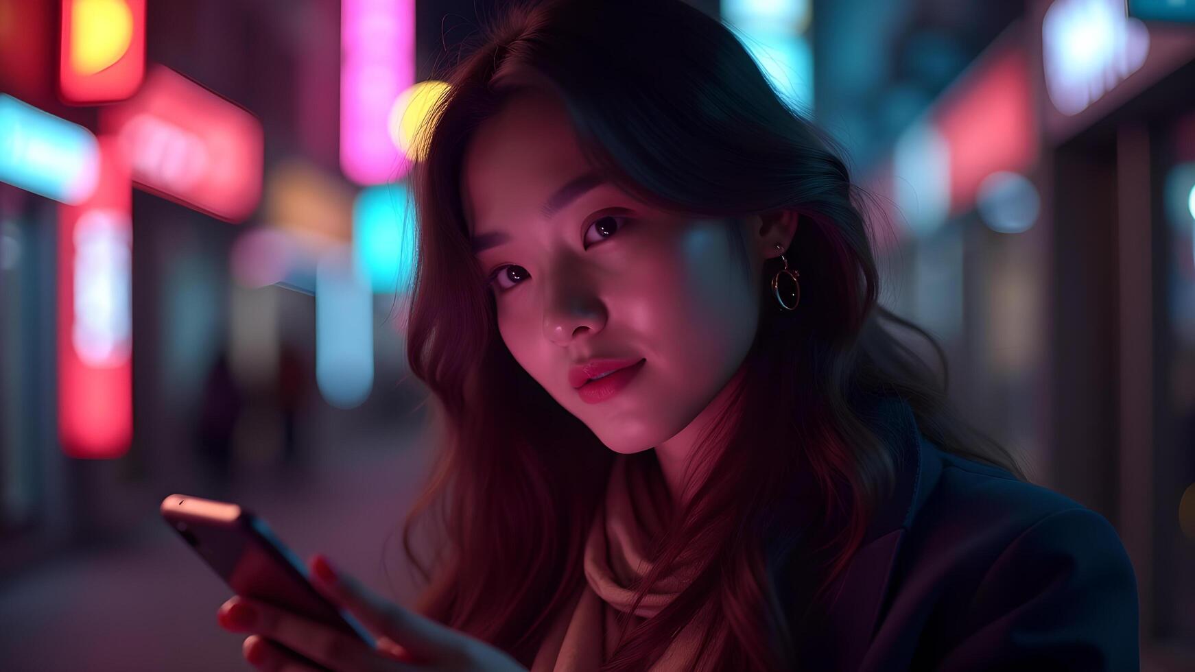 Woman uses phone in city with neon lights at night photo
