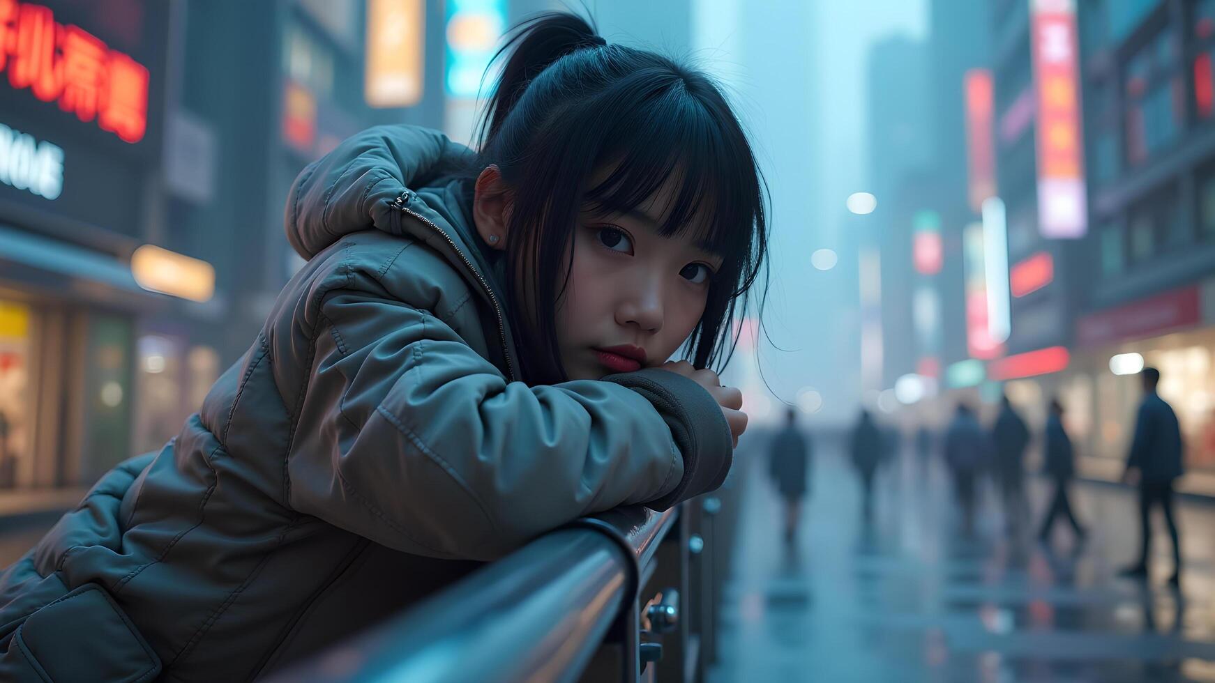Girl on a rainy street wearing a gray jacket looking photo