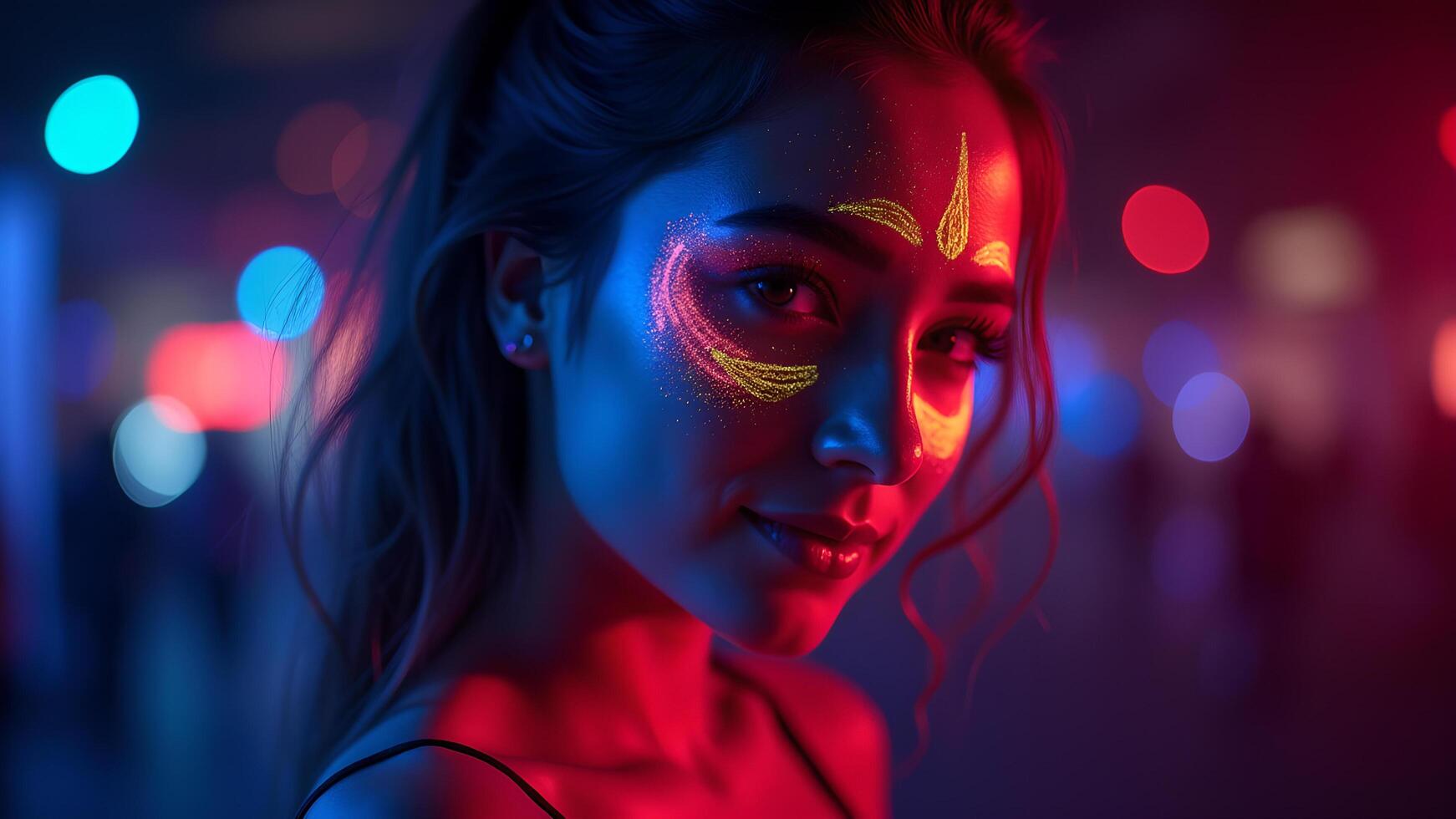 Woman with glitter makeup in neon light setting night photo
