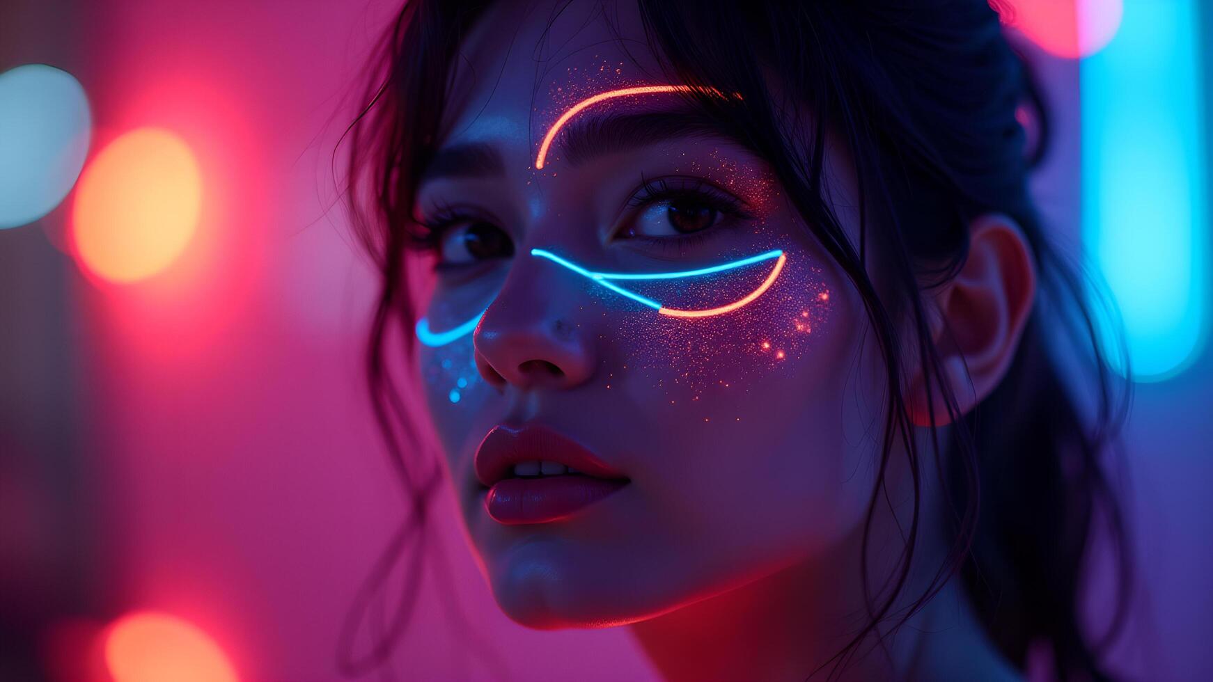 Woman with Glowing Makeup in Neon Lights Portrait photo