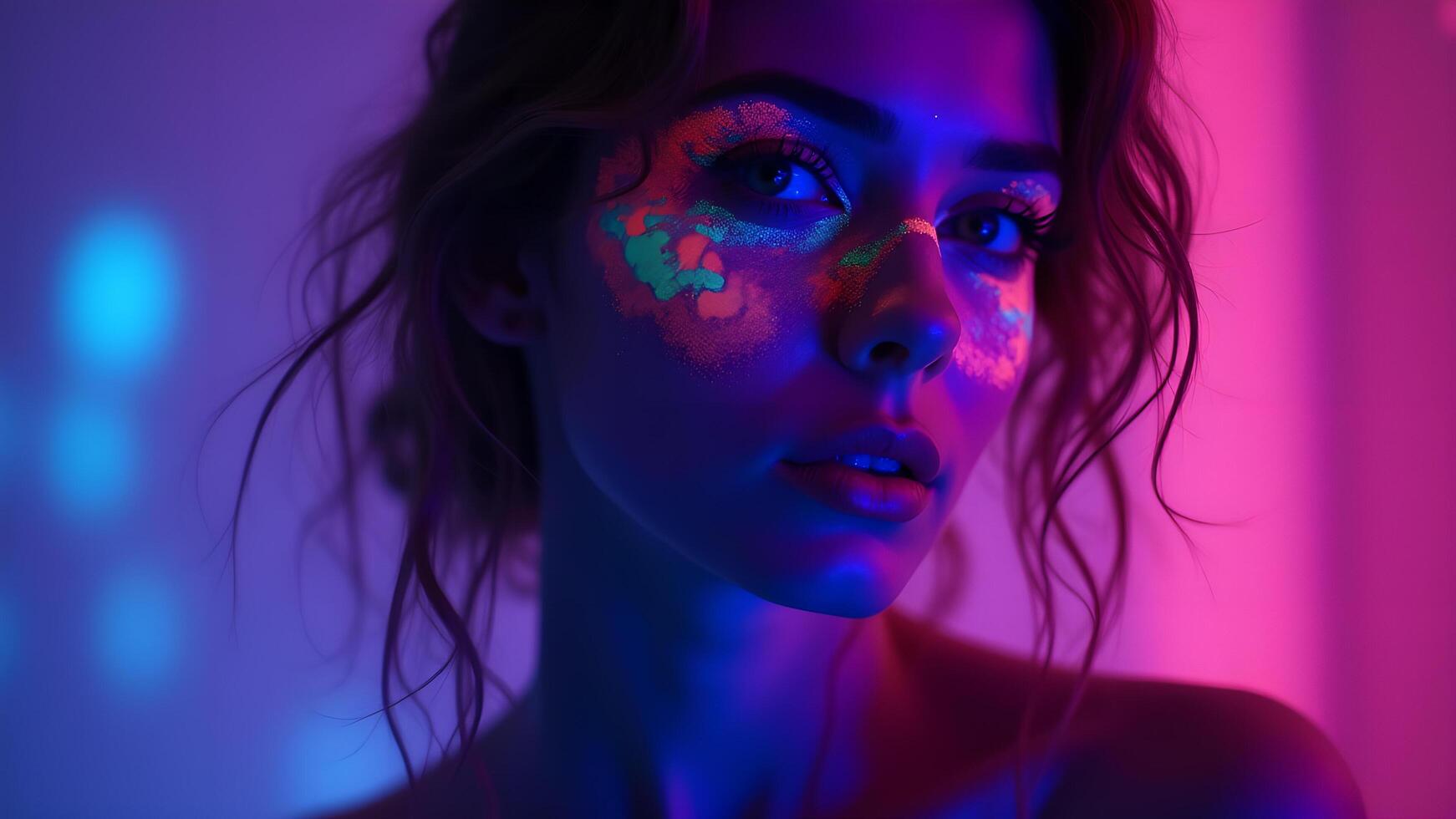 Woman with neon paint in purple and blue light photo