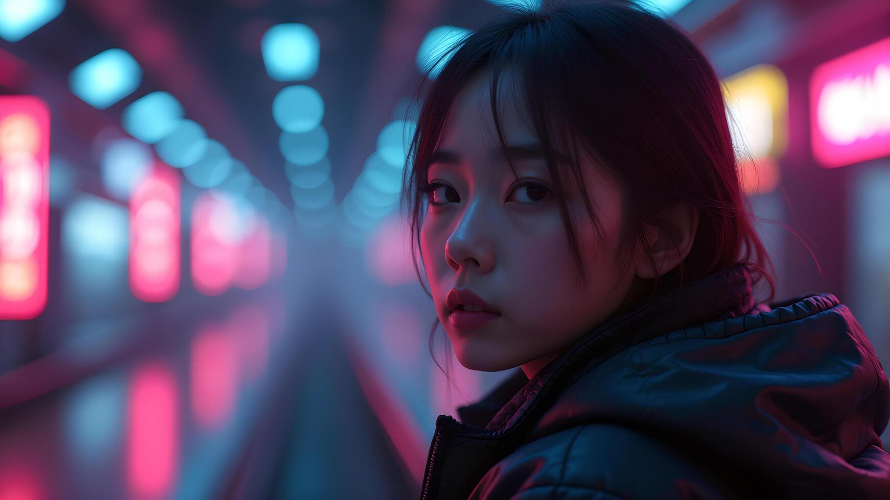 Neon Reflections A woman in a vibrant tunnel light photo