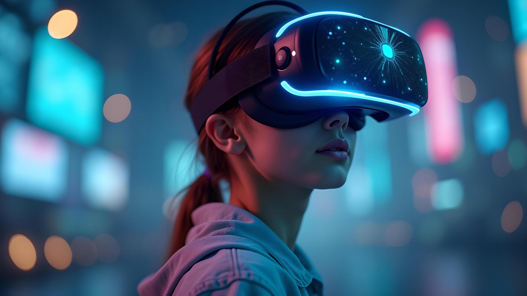 Girl using VR headset with vibrant light displays photo
