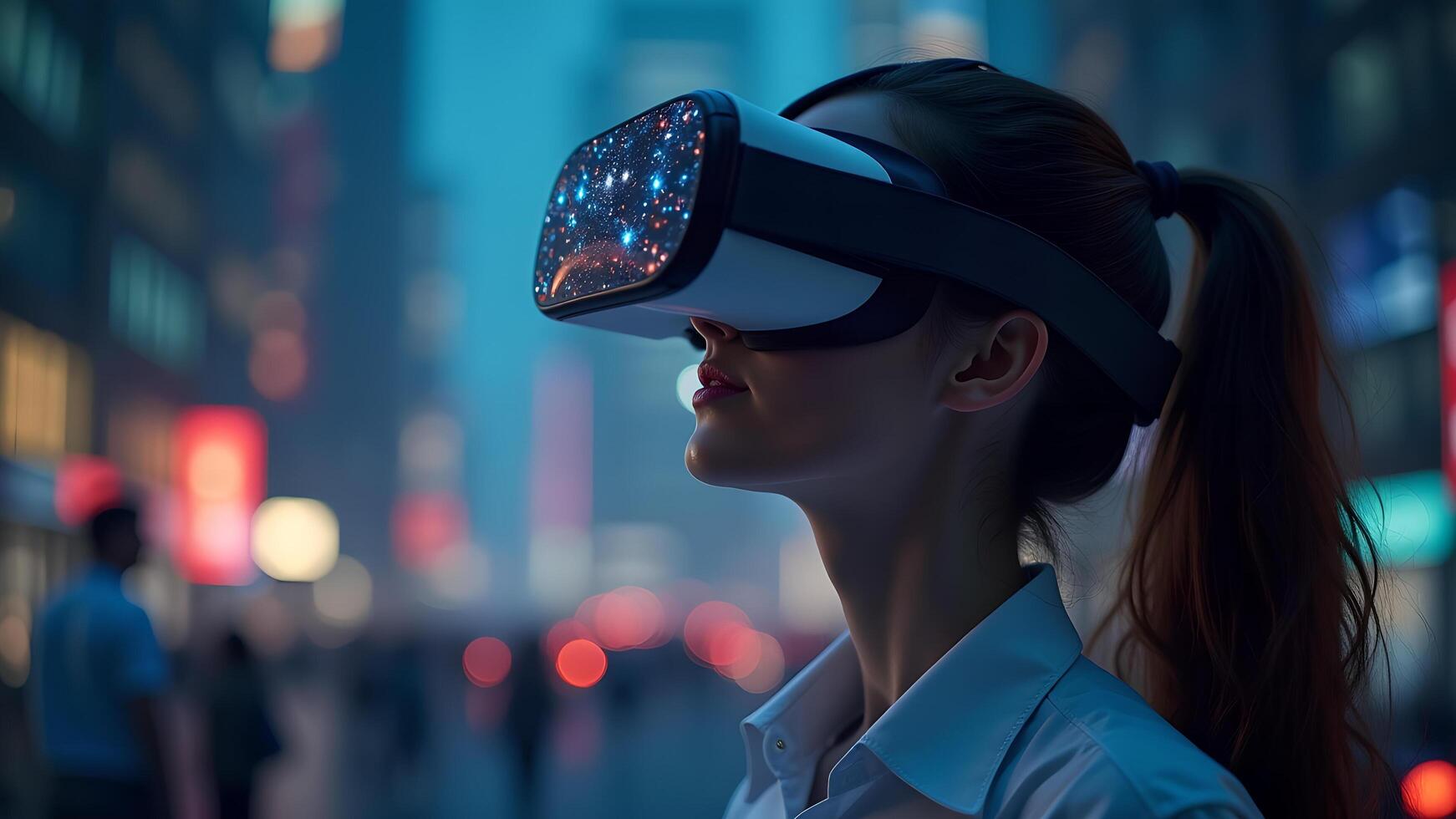Woman using a VR headset in a city environment photo