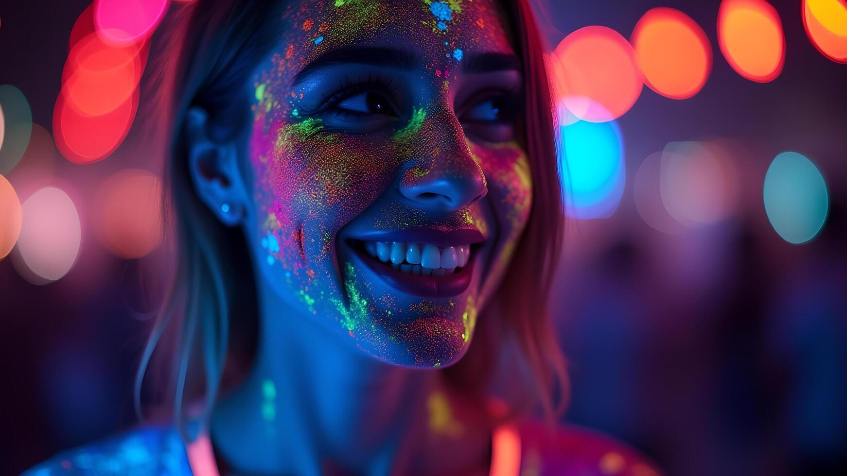 Woman with neon face paint under colorful lights photo