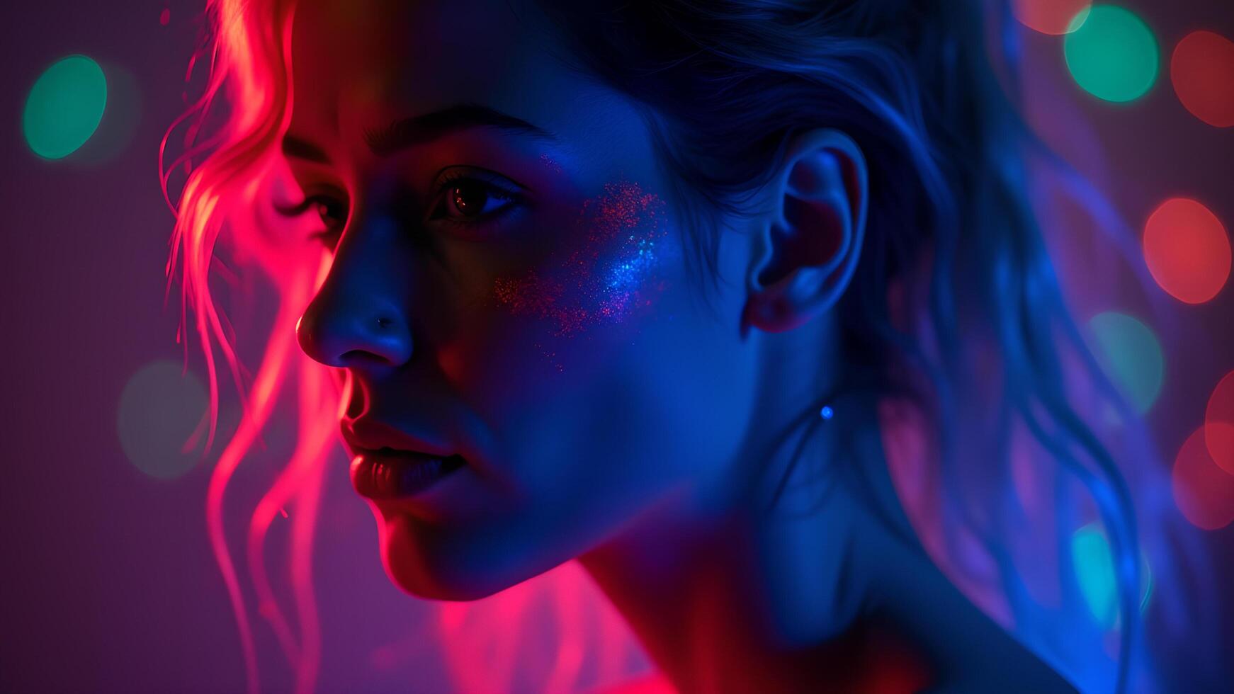 Woman with glitter and neon lights in the dark photo