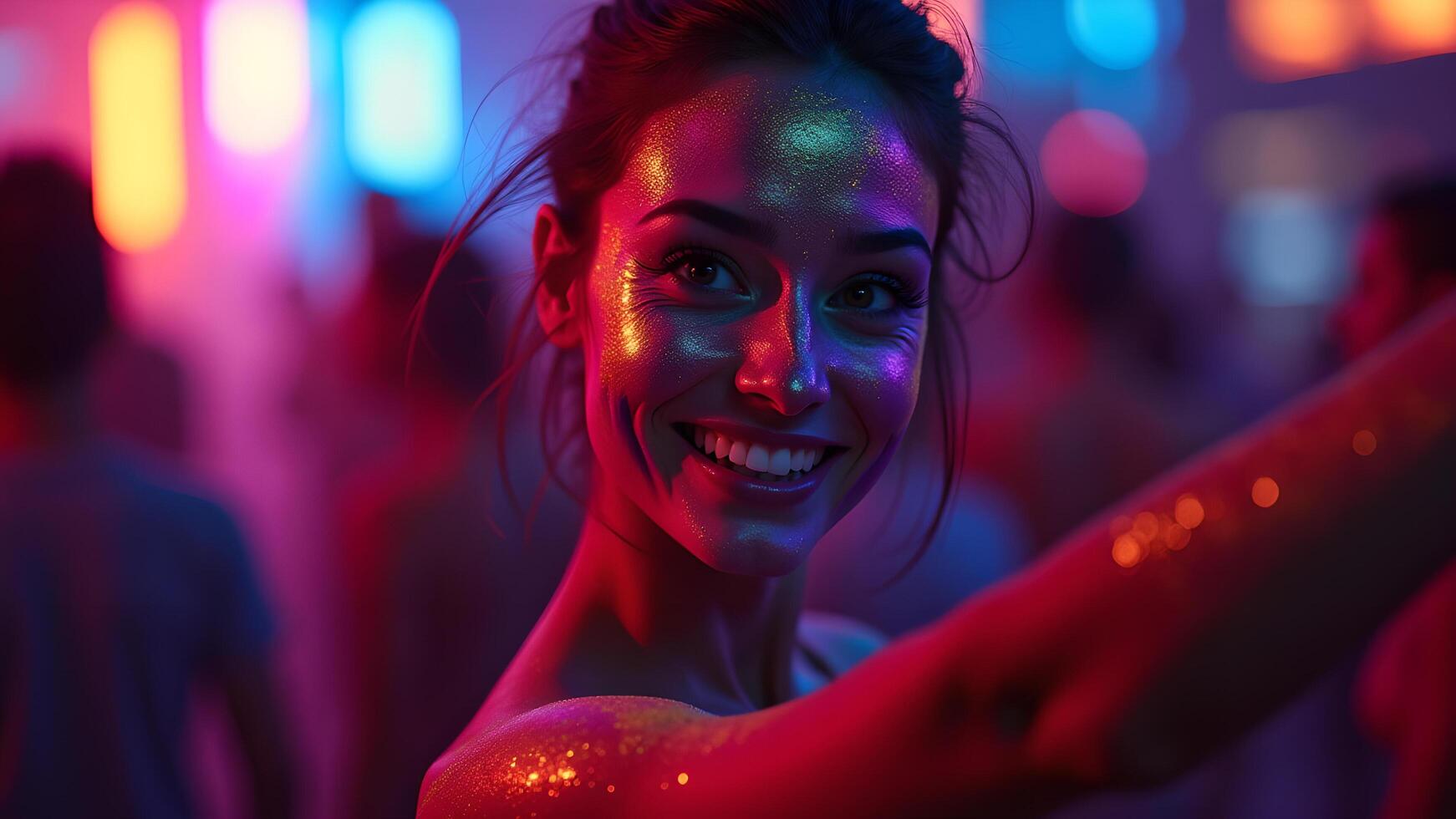 Woman sparkling in colorful party with some people photo