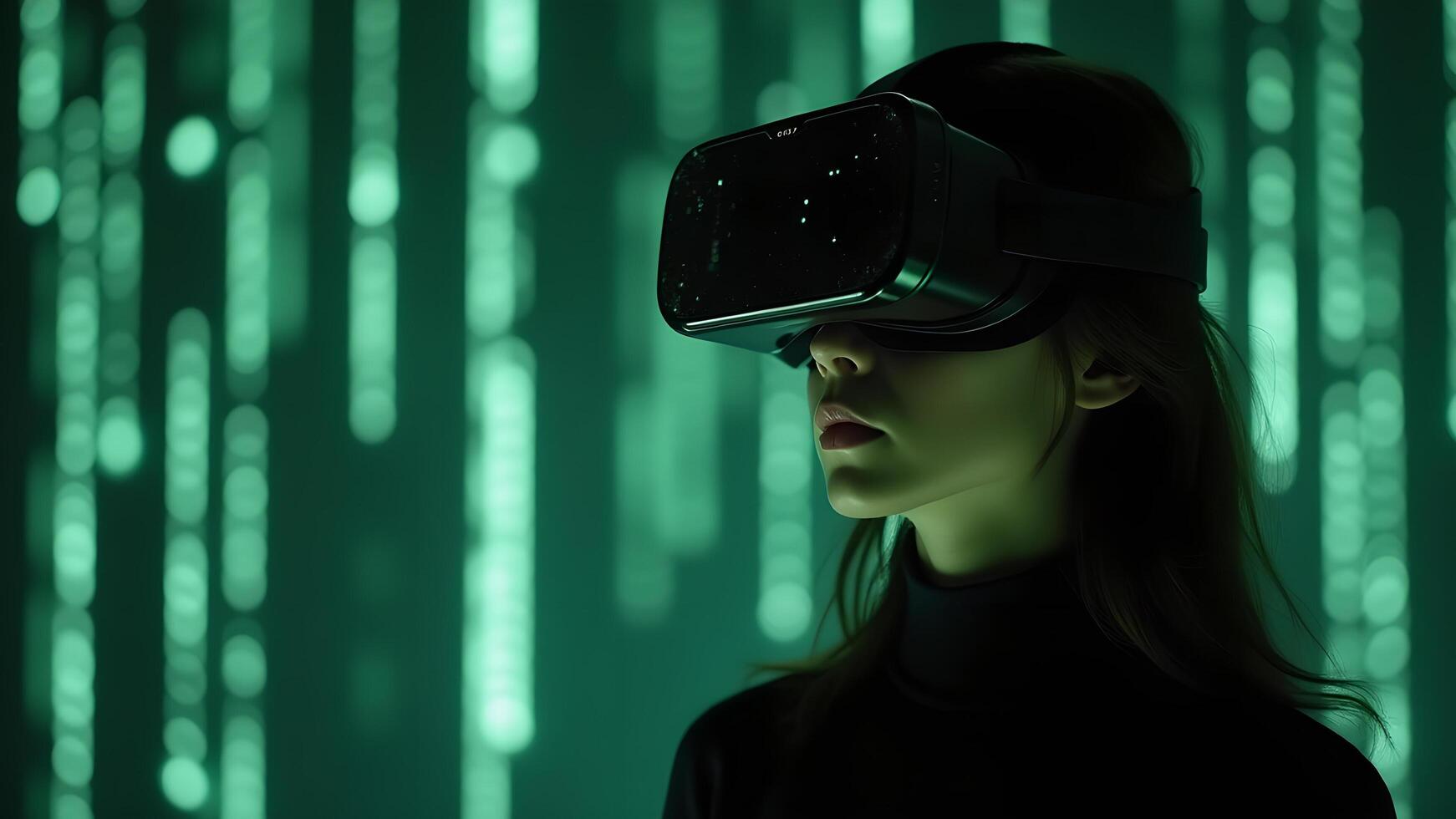 Person using VR headset with abstract green background photo