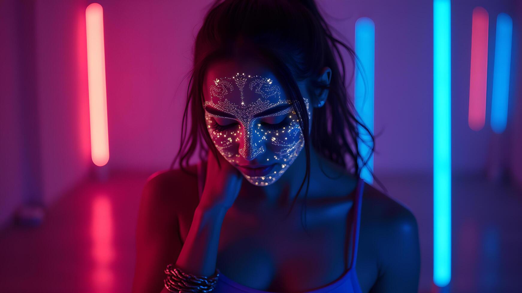 Woman with Glowing Face Paint Under Neon Lights photo