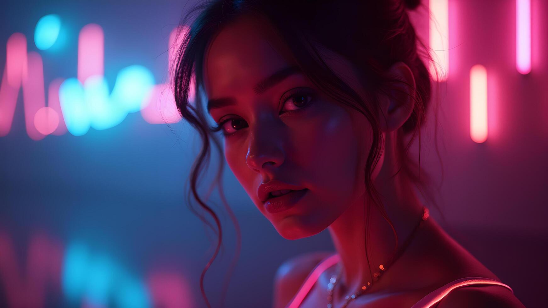 Woman with neon lights in the background pink blue photo