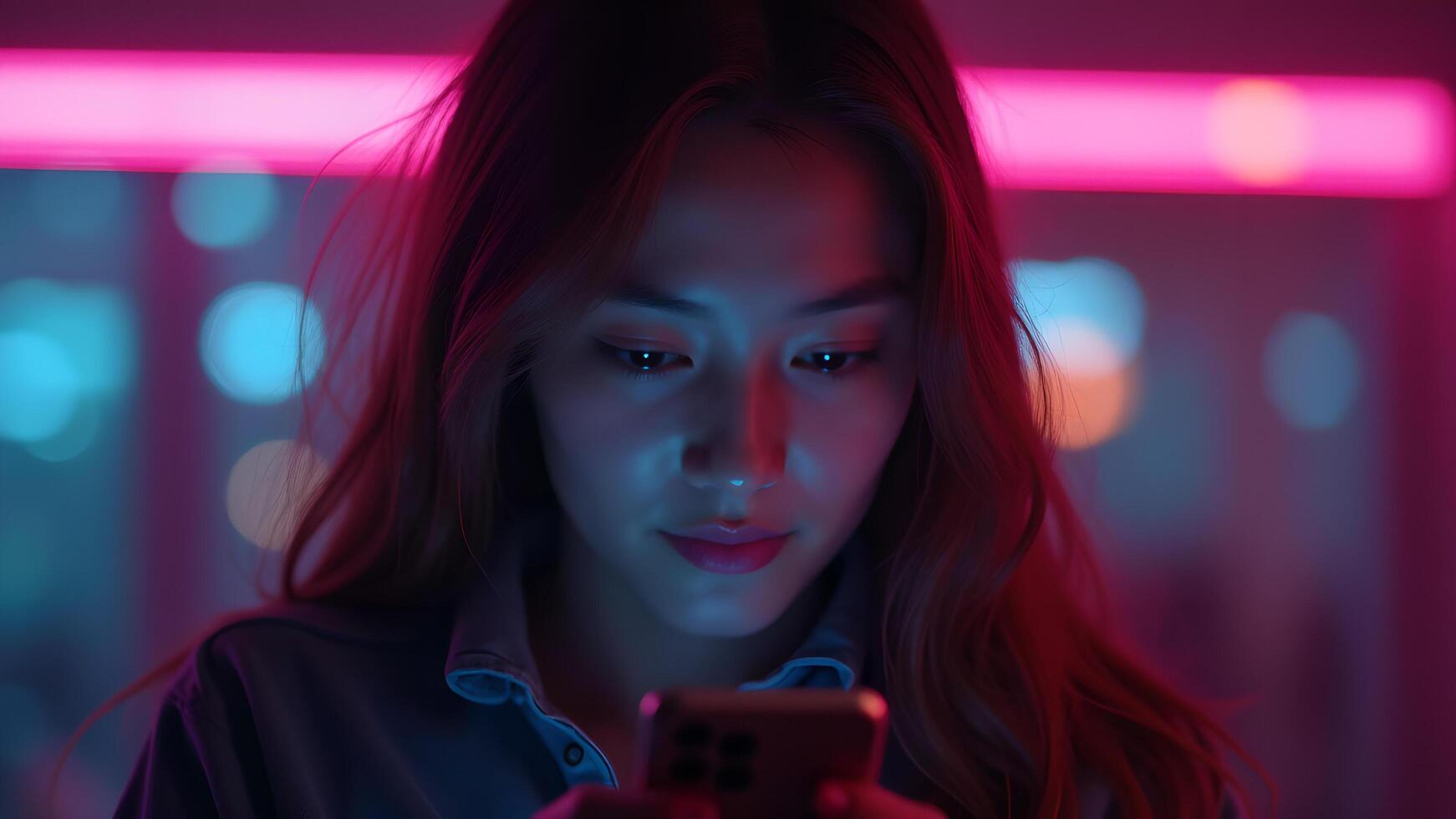 Woman using Smartphone in Neon Lit Urban Setting photo