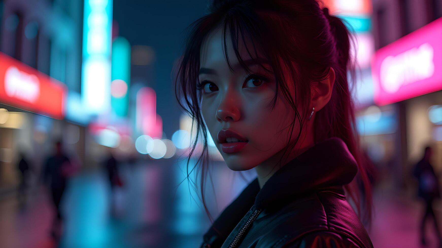 Portrait of a woman at night in a city street scene photo