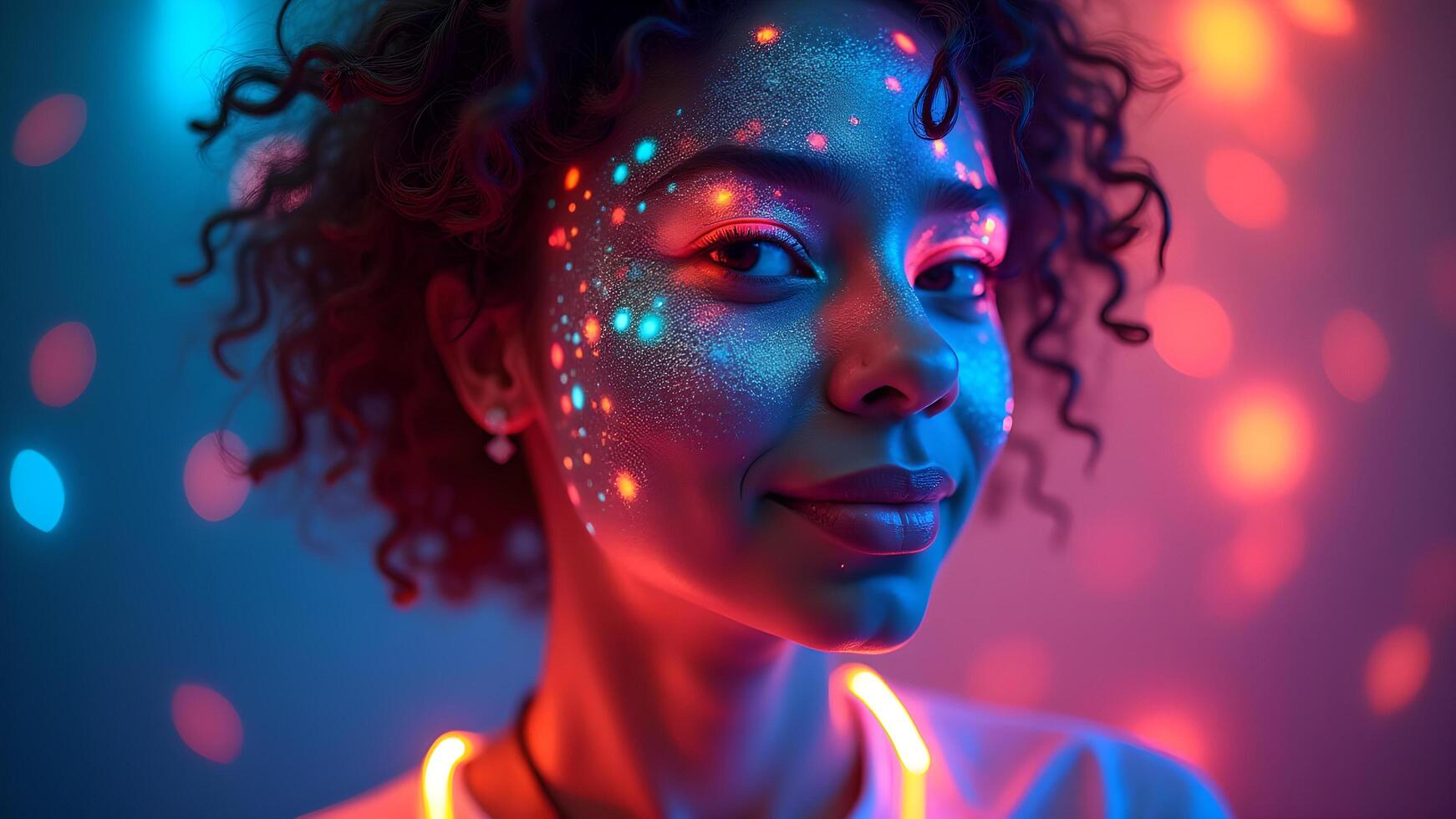 Portrait of woman with light spots on face and red light photo