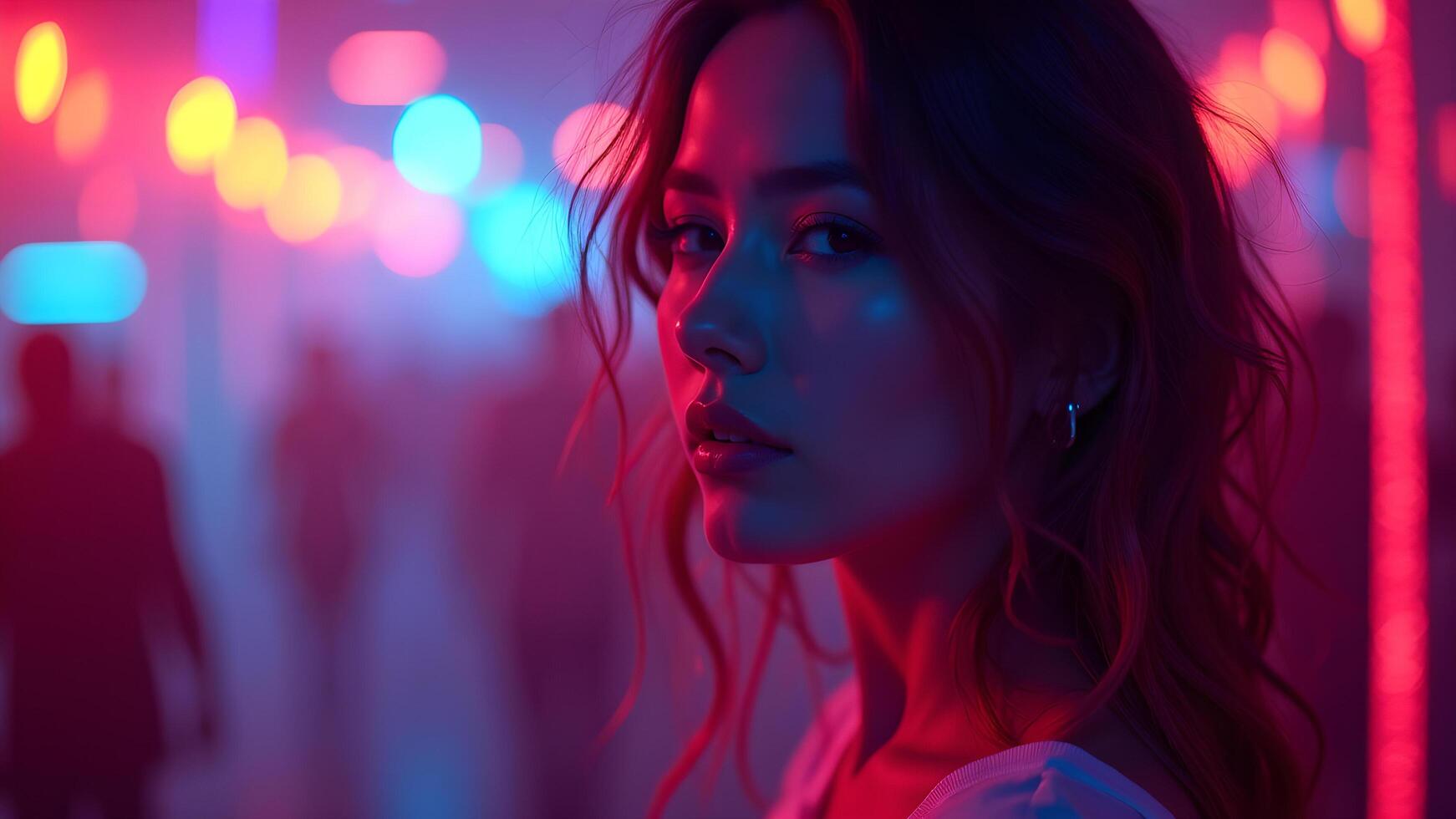 Woman portrait with bokeh lights in neon ambiance photo