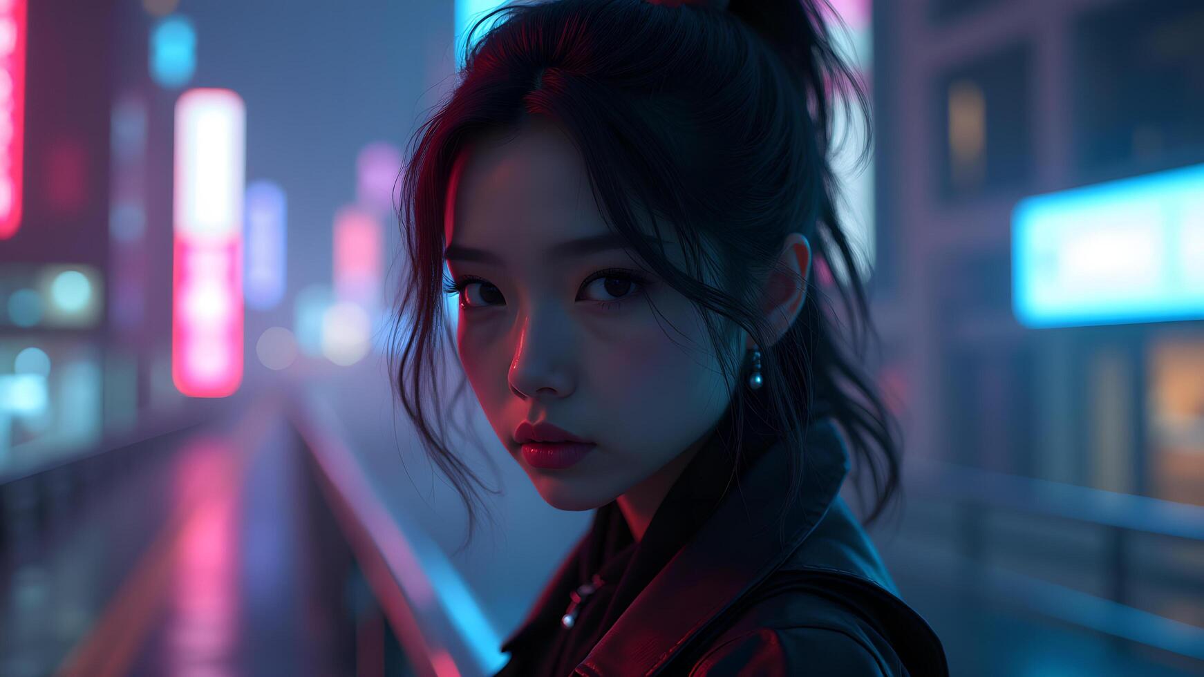 Portrait in Neon City Lights, Dark Hair and Jacket photo