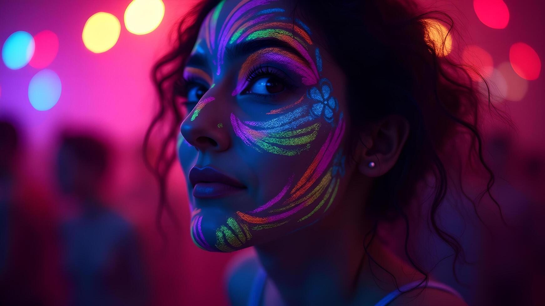 Woman With Neon Makeup in a Night Party Lights Glow photo