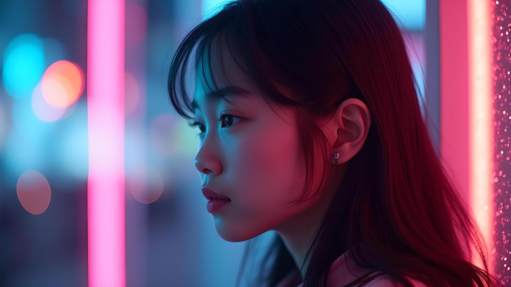 Profile of a person with neon light background photo