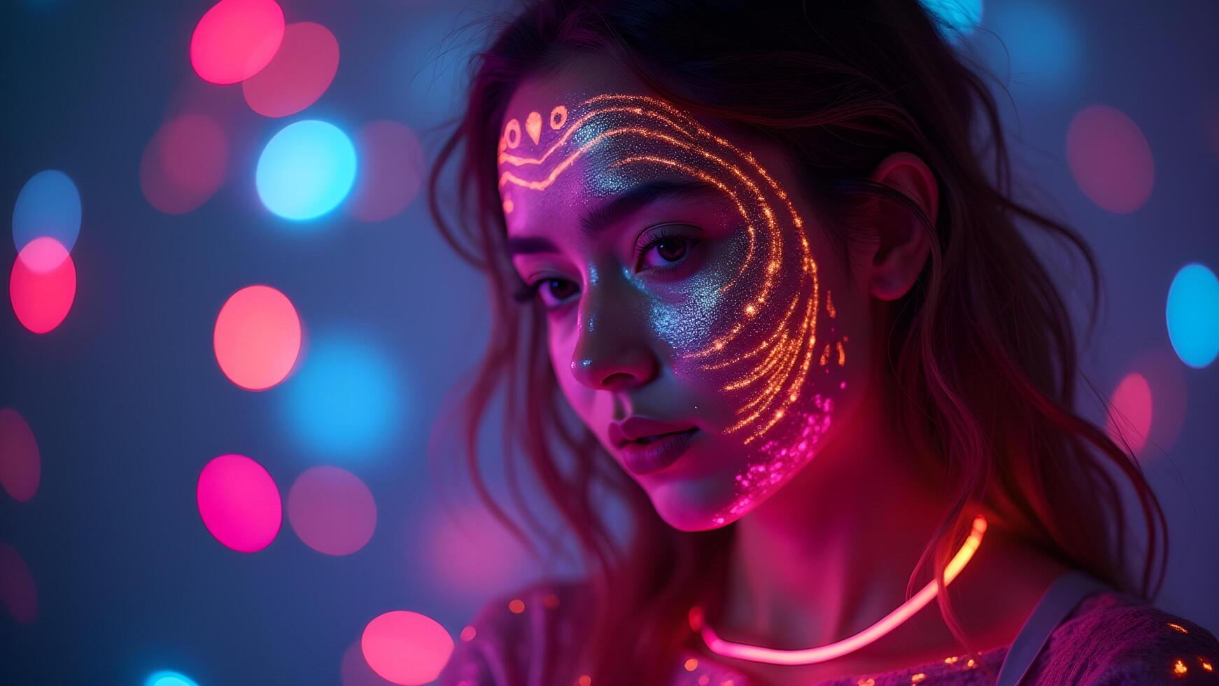 Woman with Neon Makeup and Bokeh Light Background photo