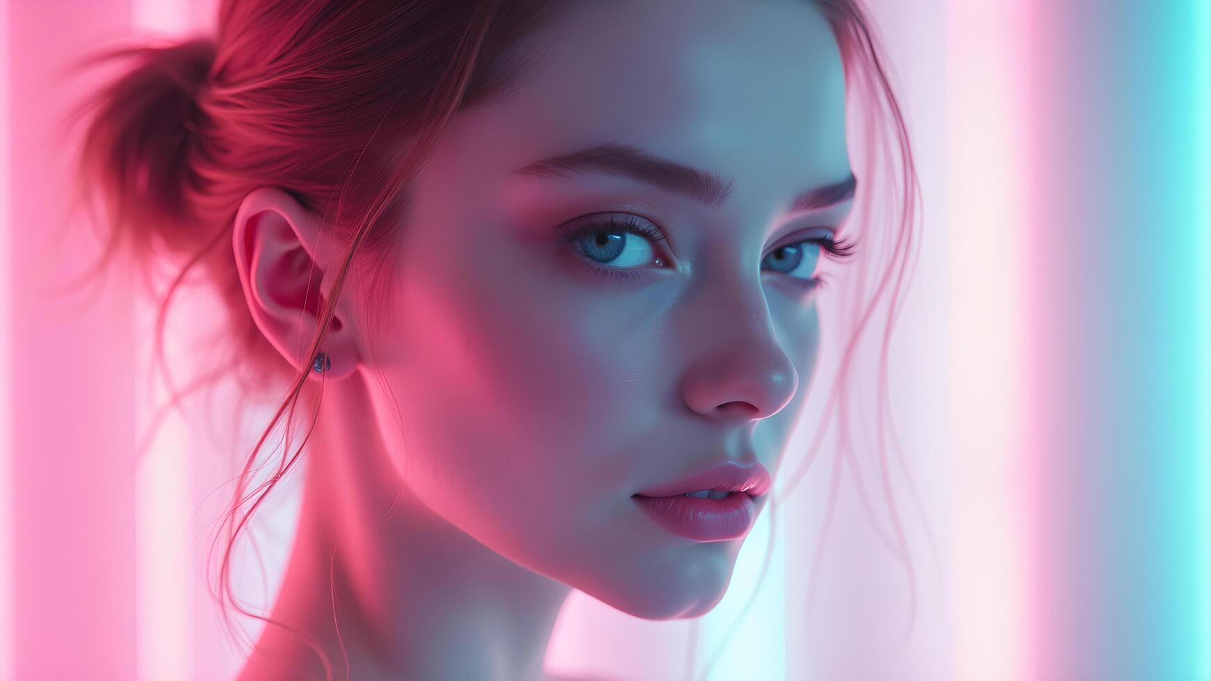 Woman portrait with pink and cyan neon lights glow photo