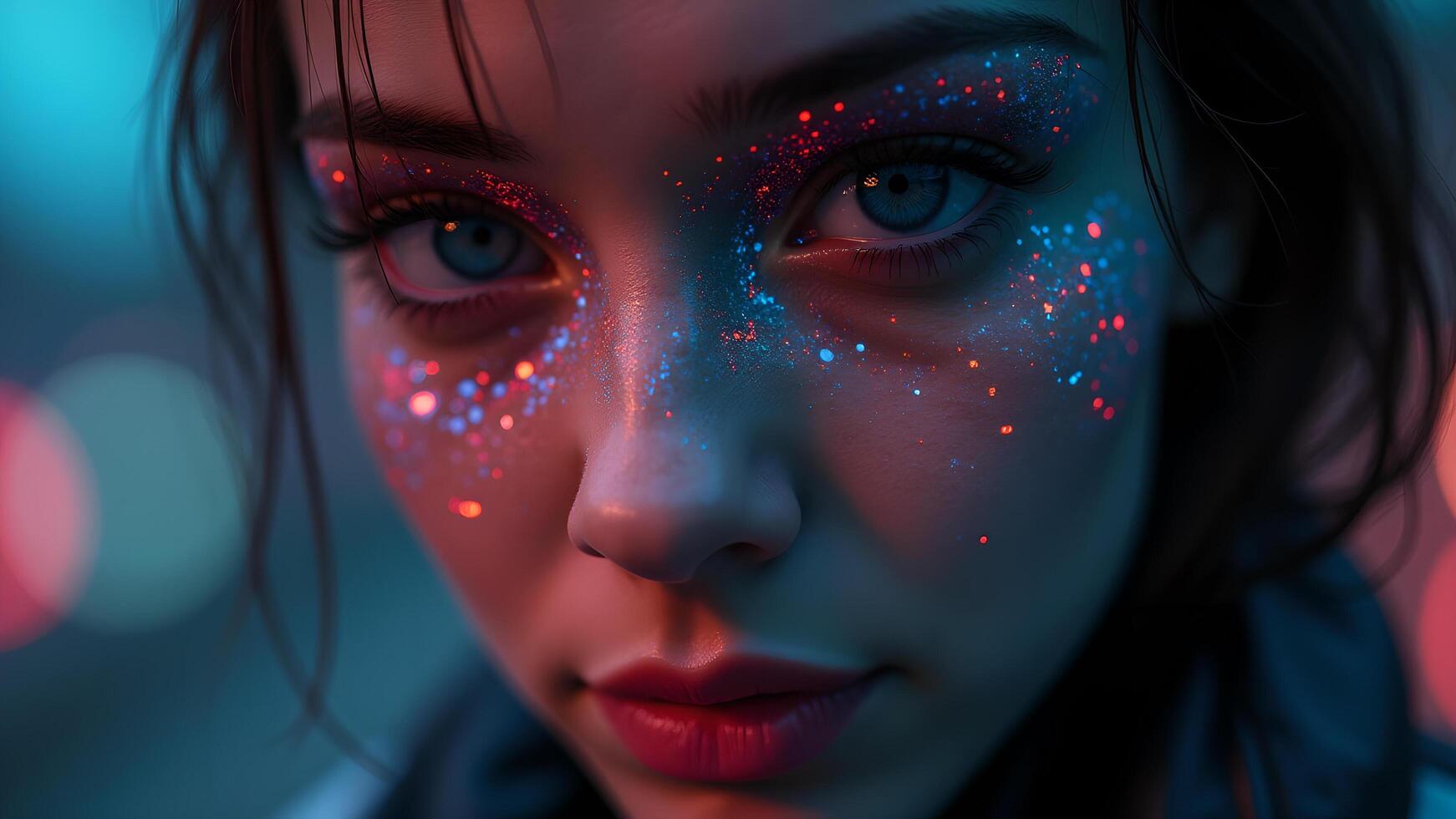 Close up of face with glitter under neon lights photo