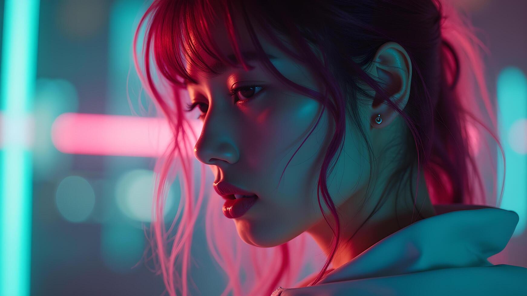 Woman with pink hair under neon light atmosphere photo