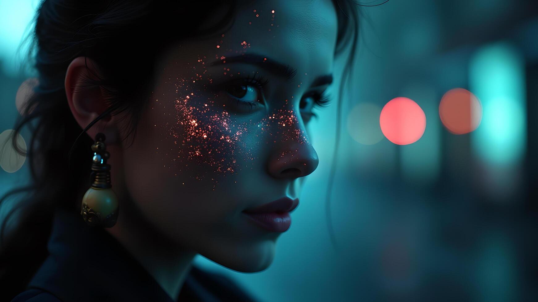 Woman with sparkles on her face, city in background photo