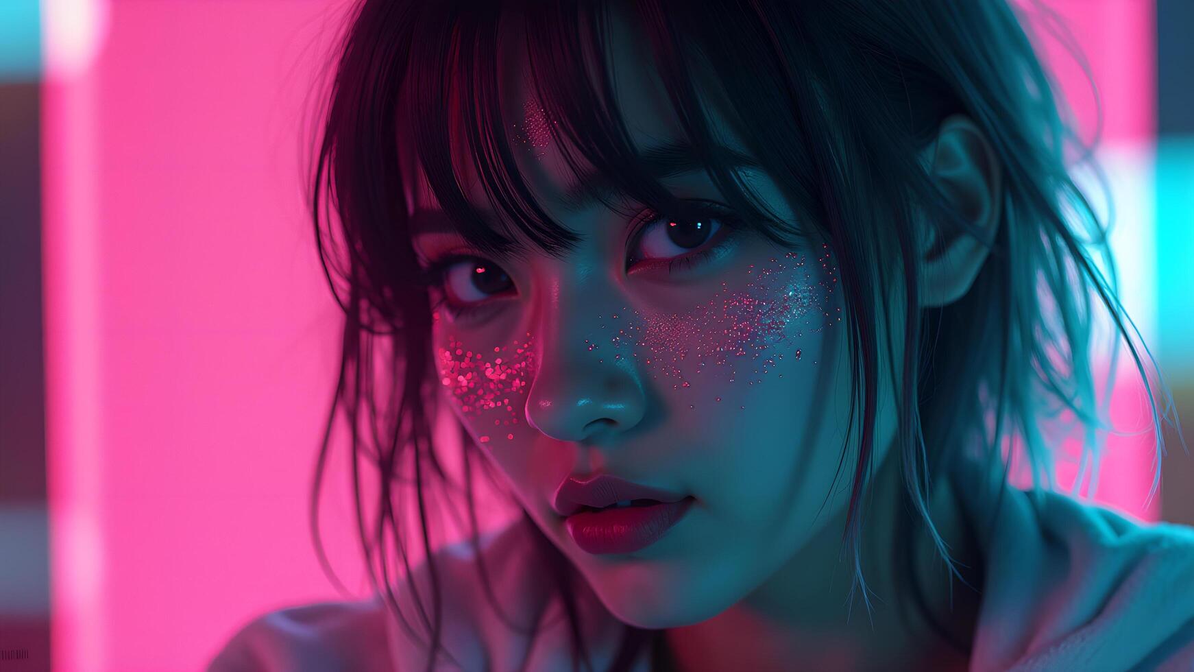 Woman with pink glitter on face under neon lights photo