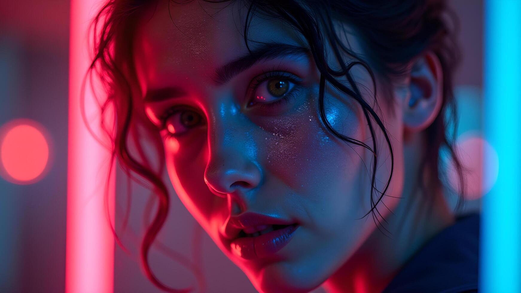 Woman's Face Illuminated by Red and Blue Neon Lights photo