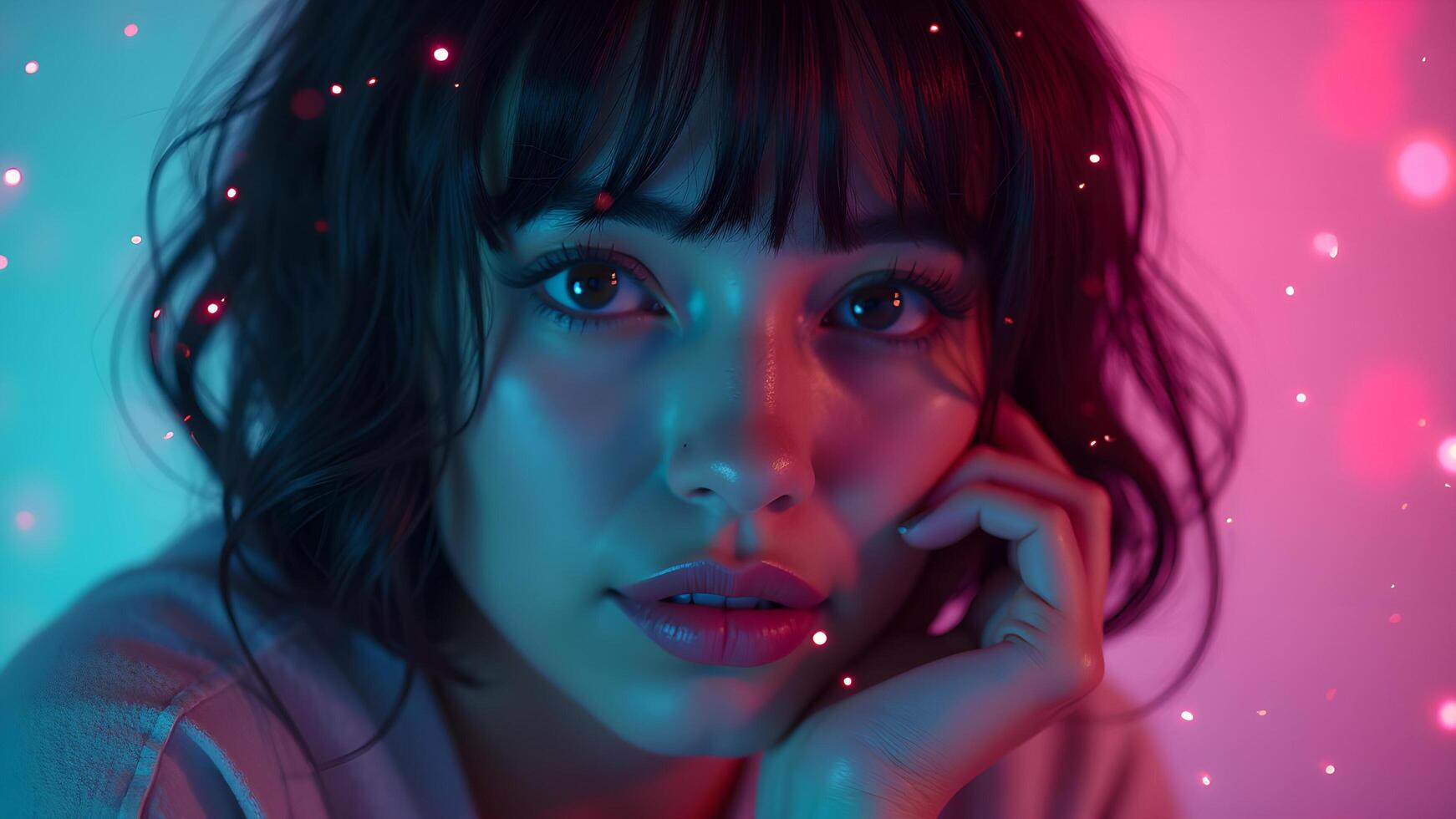 Woman with glowing lights in blue and pink tones photo