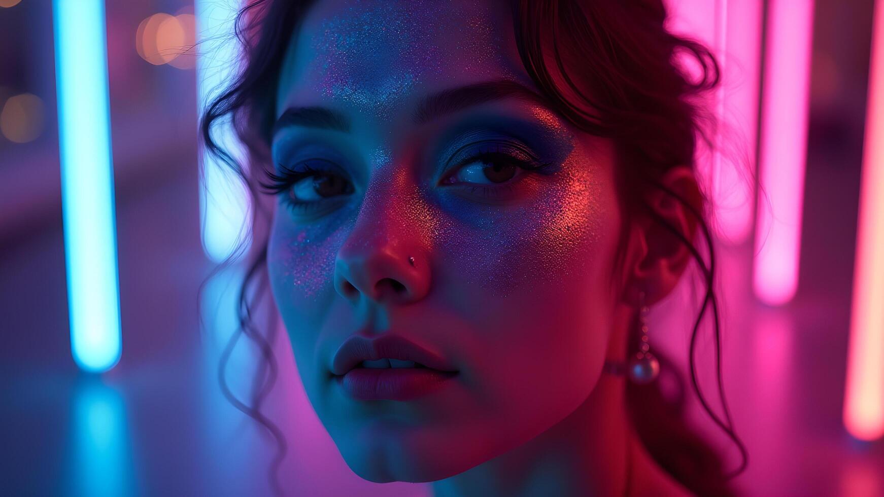 Portrait of woman with neon lights and glittery skin photo