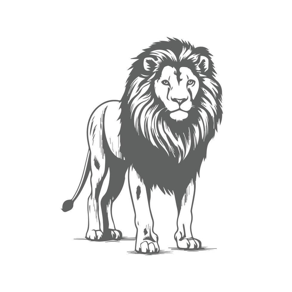 standing lion silhouette, black and white design, white background. vector