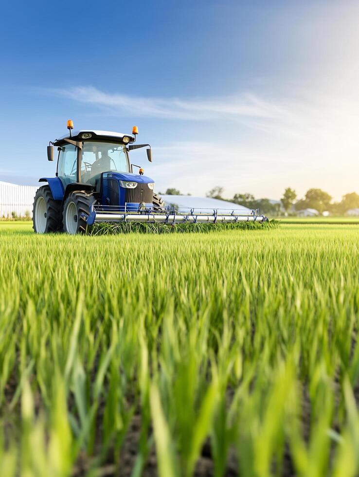 A tractor is working in a green field photo