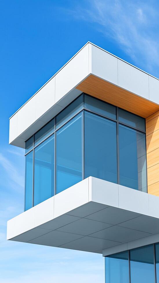 Modern house with glass windows and wooden accents photo