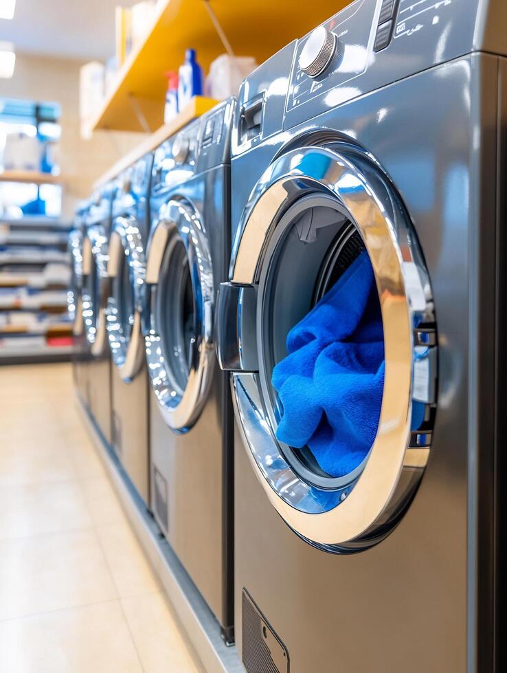 A row of washing machines in a laundry room photo