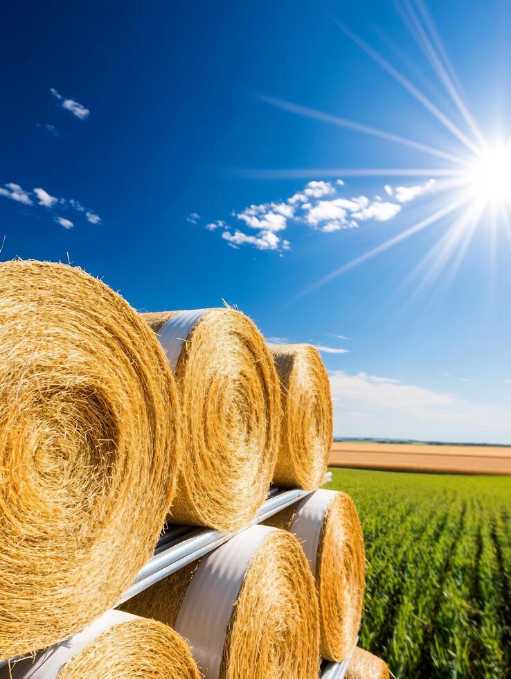 Bales of hay in a field with the sun shining photo