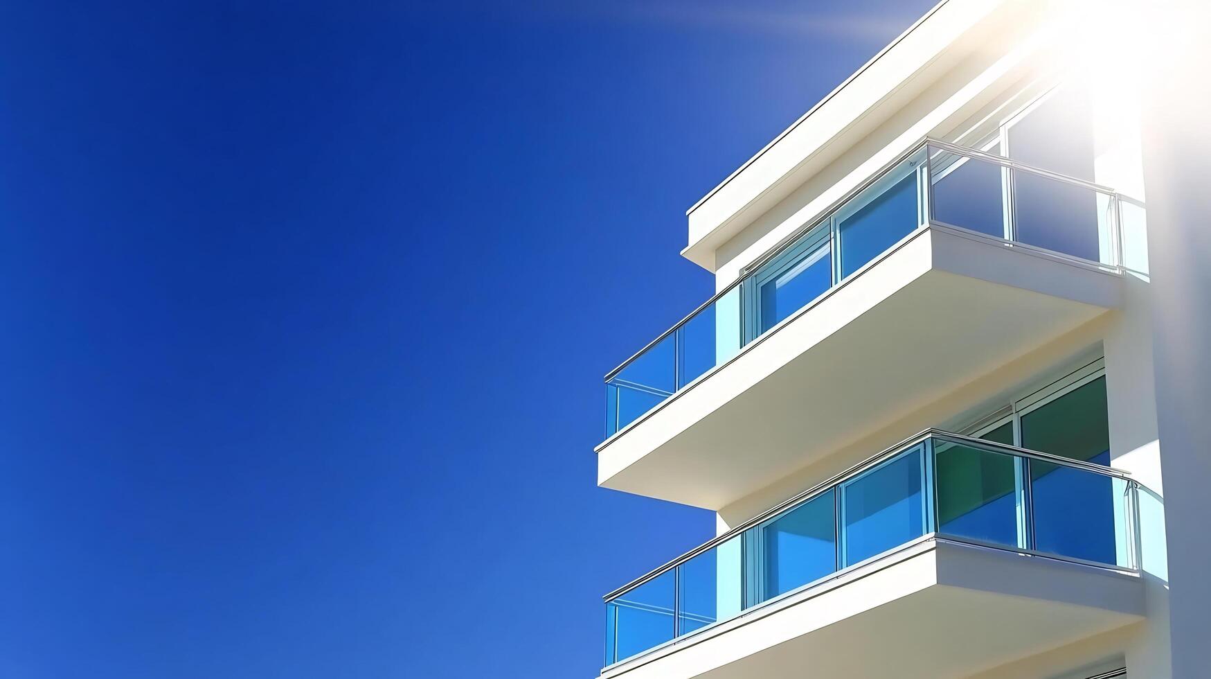 Modern apartment building with balcony and blue sky photo