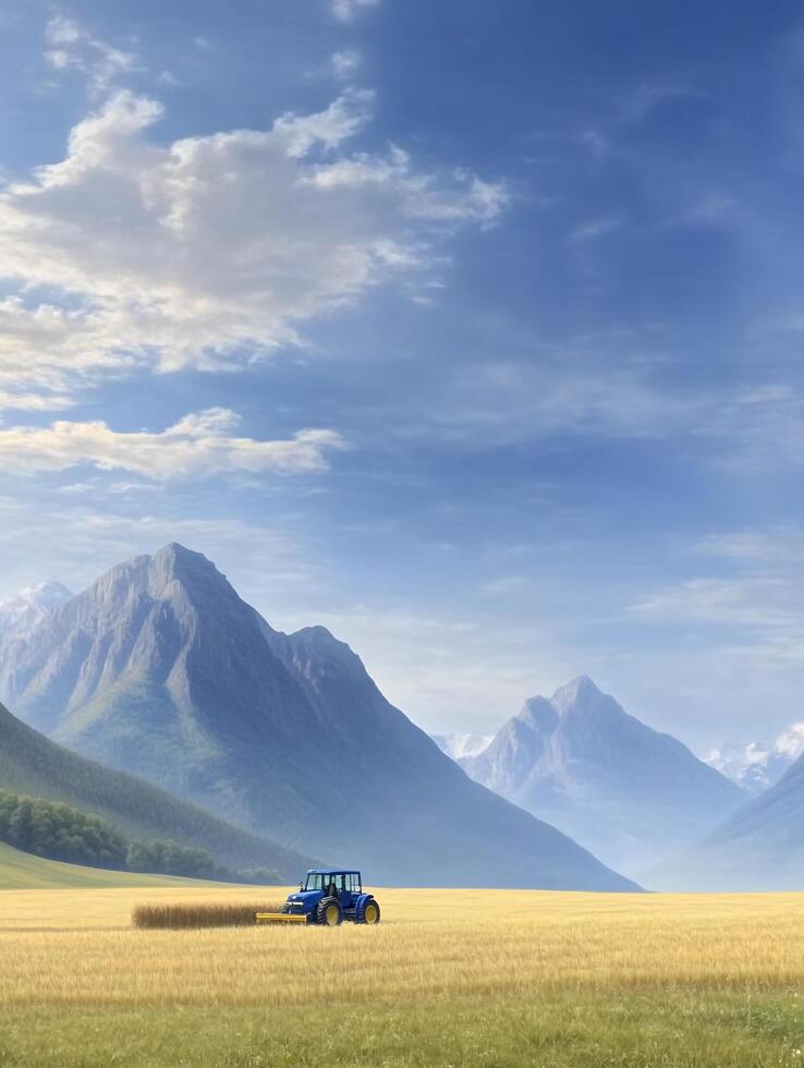 A blue tractor in a field with mountains in the background photo